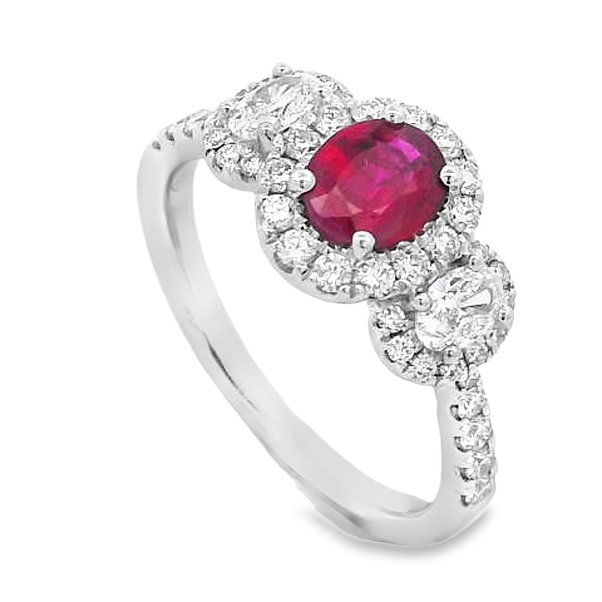 18K White Gold Ruby and Diamond 3-Stone Halo Ring