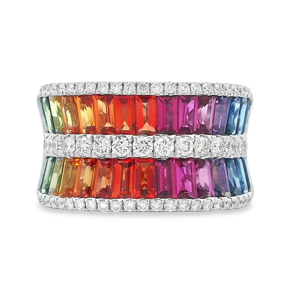 18K White Gold Rainbow Sapphire & Diamond Double-Row Ring