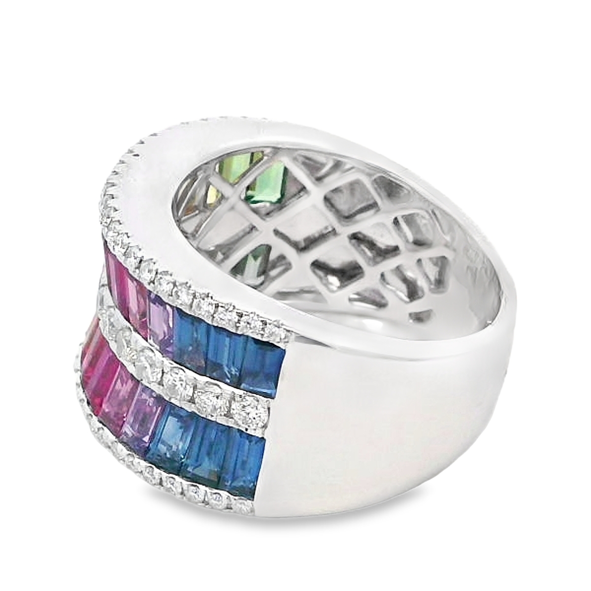18K White Gold Rainbow Sapphire & Diamond Double-Row Ring