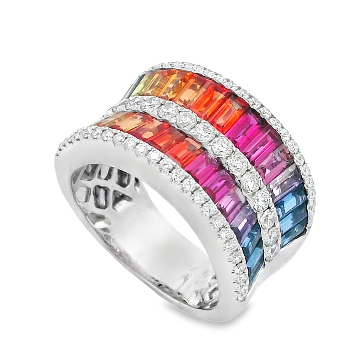 18K White Gold Rainbow Sapphire & Diamond Double-Row Ring