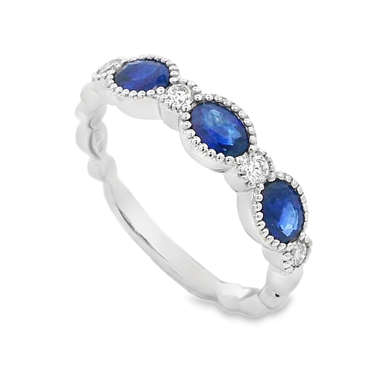 18K White Gold Milgrain Bezel Sapphire & Diamond Ring