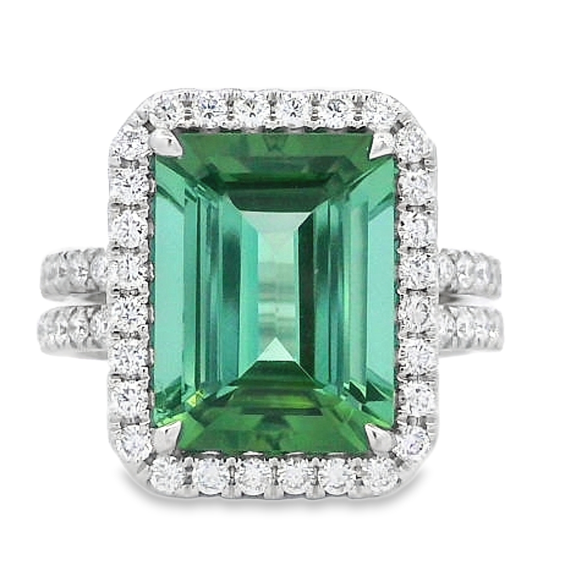 18K White Gold Emerald-Cut Green Tourmaline & Diamond Halo Ring