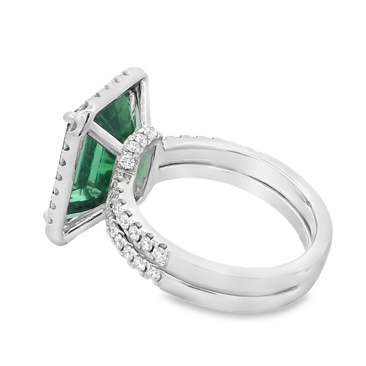 18K White Gold Emerald-Cut Green Tourmaline & Diamond Halo Ring