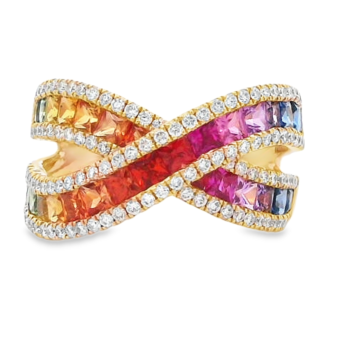 18K Yellow Gold Rainbow Sapphire & Diamond Criss-Cross Ring