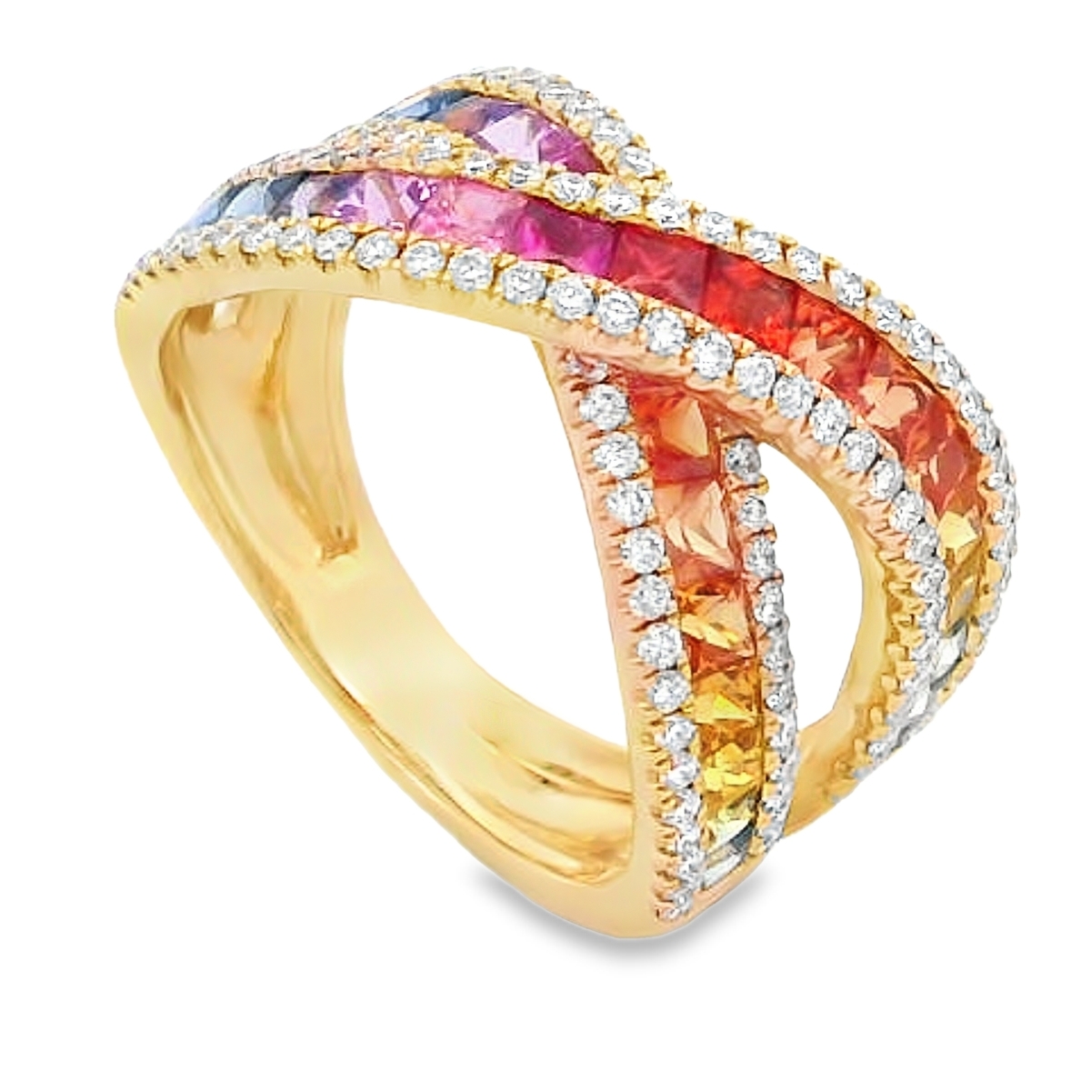 18K Yellow Gold Rainbow Sapphire & Diamond Criss-Cross Ring