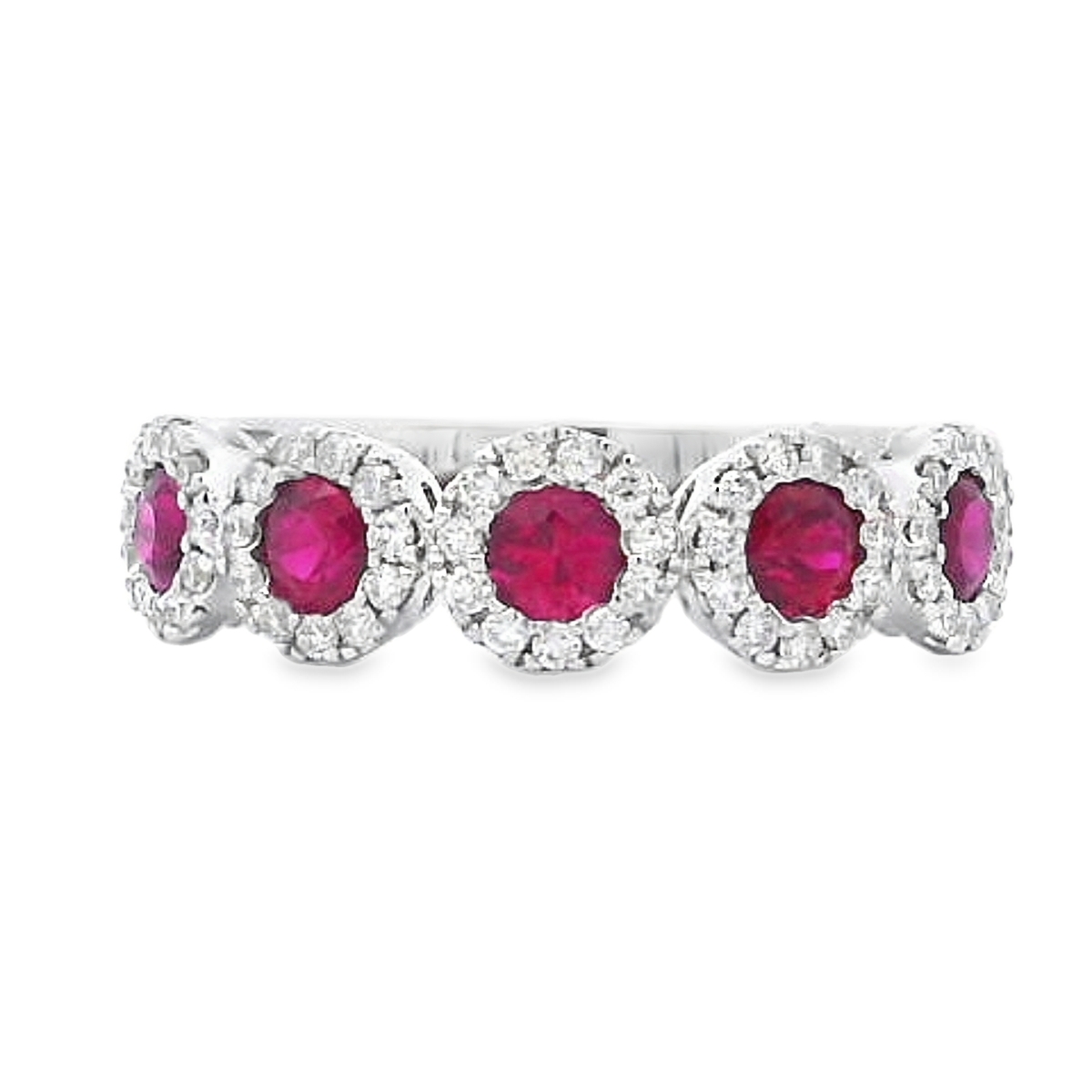 18K White Gold 5-Stone Ruby & Diamond Halo Ring