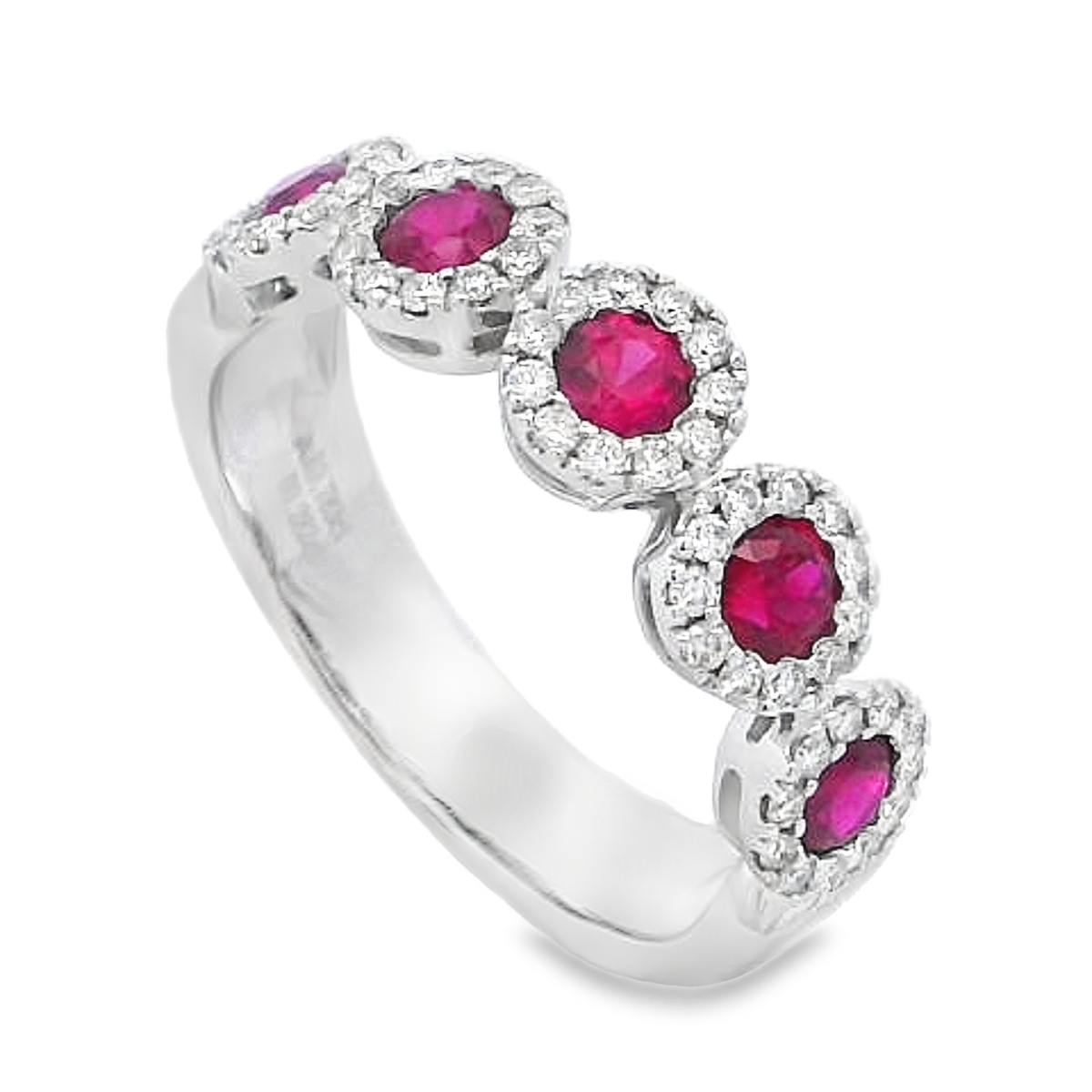 18K White Gold 5-Stone Ruby & Diamond Halo Ring