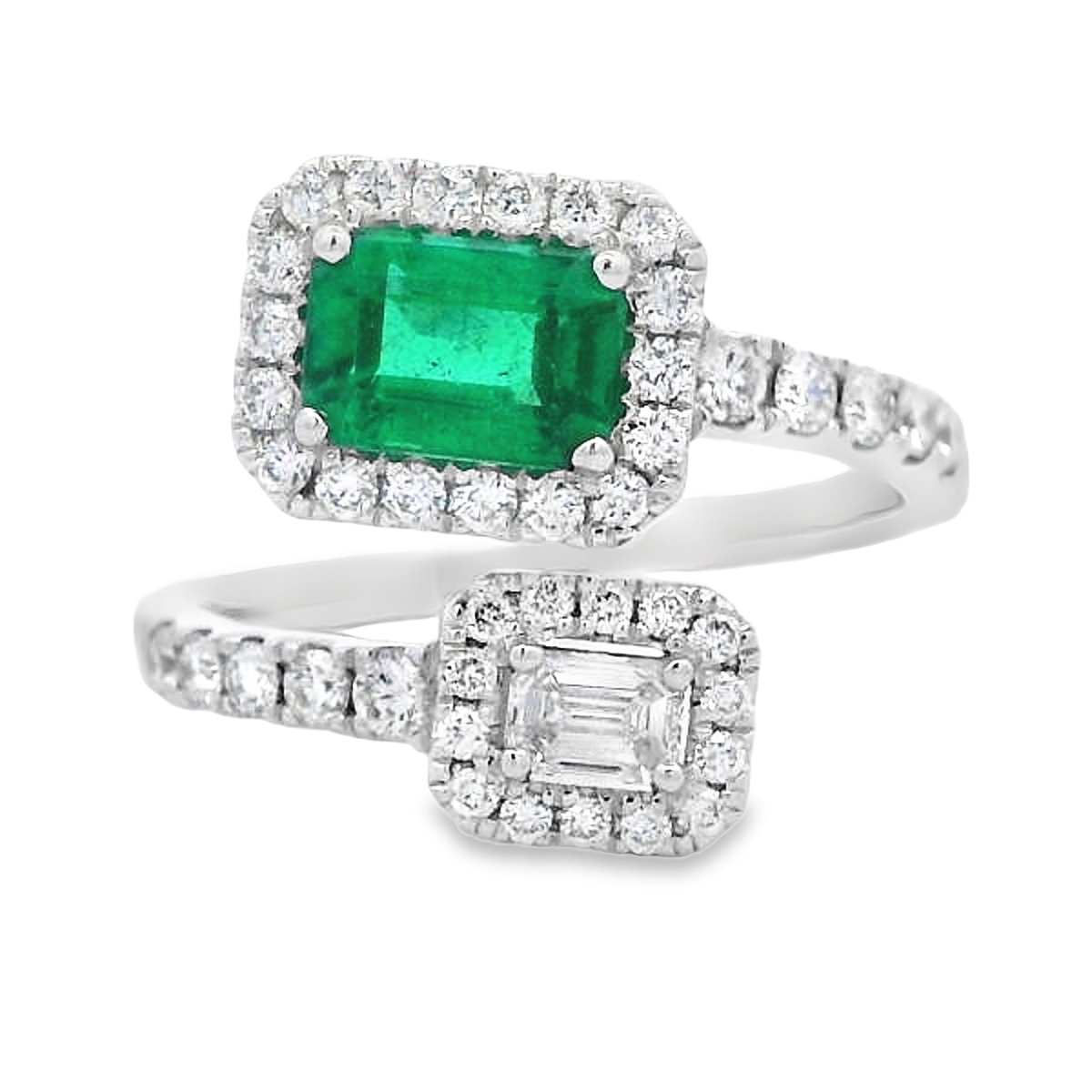 18K White Gold Emerald & Diamond Bypass Ring