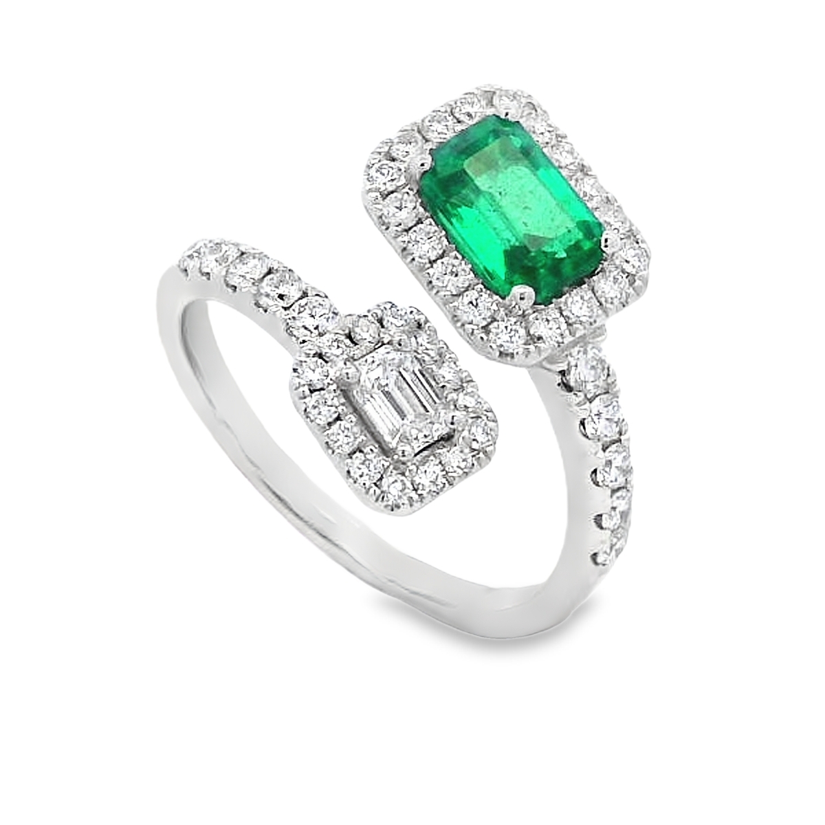 18K White Gold Emerald & Diamond Bypass Ring