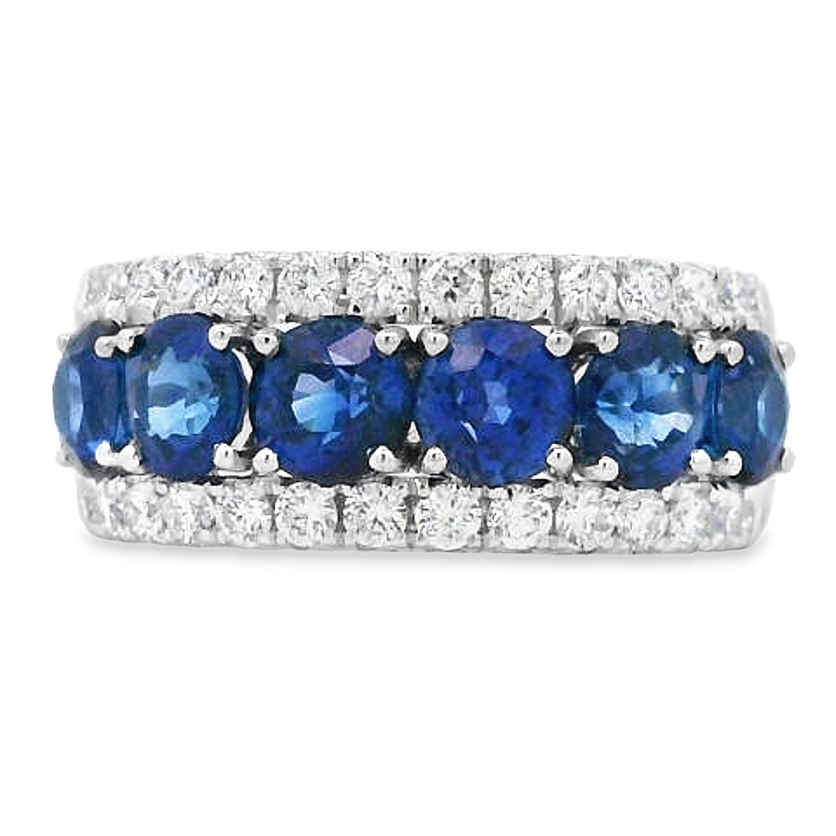 18K White Gold Large Blue Sapphire & Diamond Rows Ring