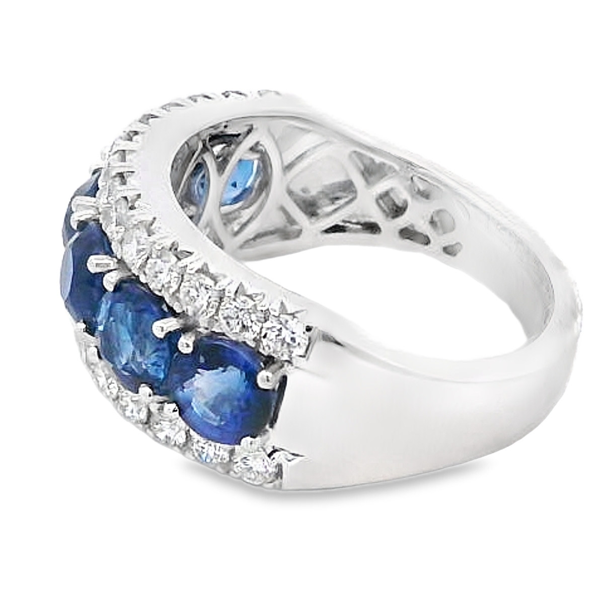 18K White Gold Large Blue Sapphire & Diamond Rows Ring