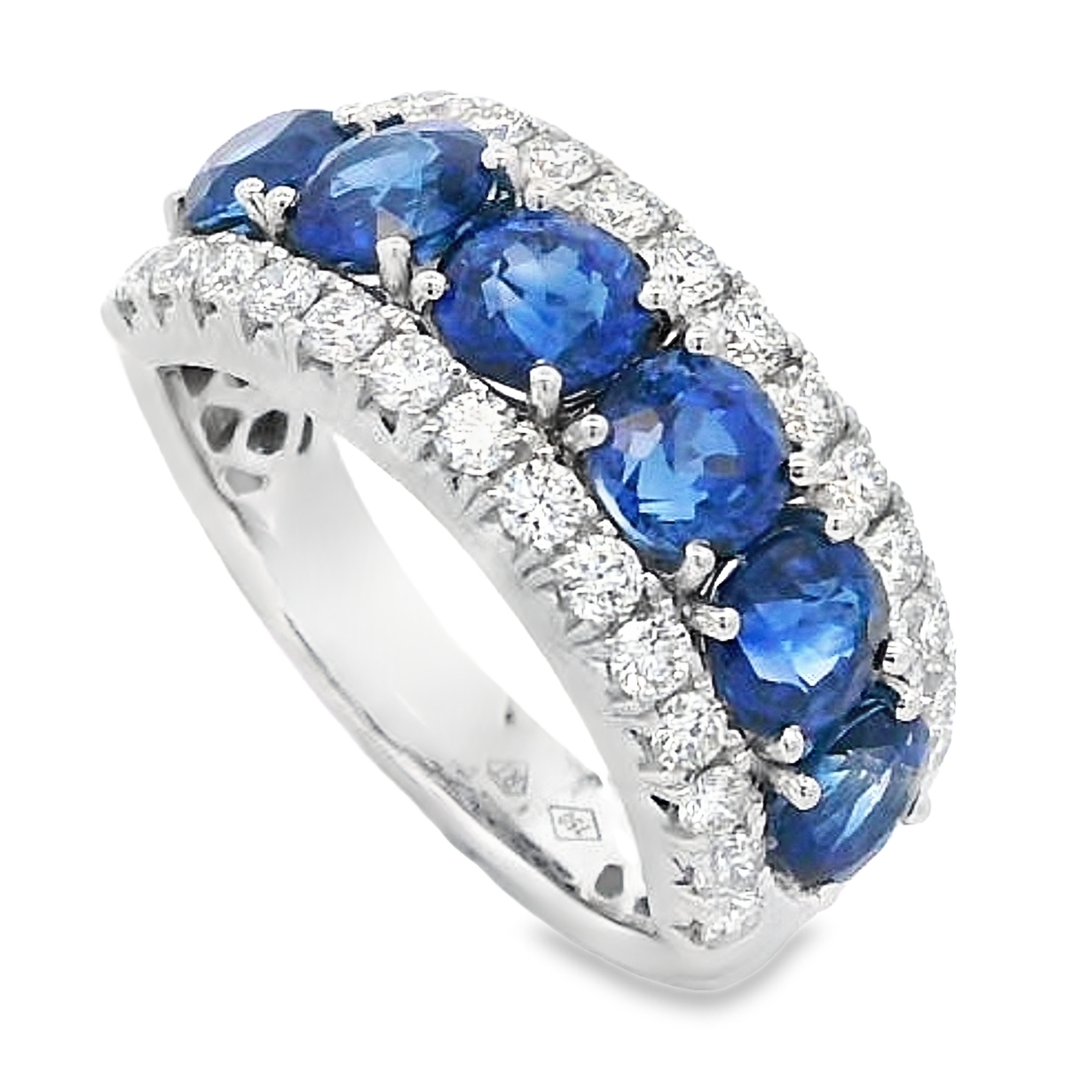 18K White Gold Large Blue Sapphire & Diamond Rows Ring