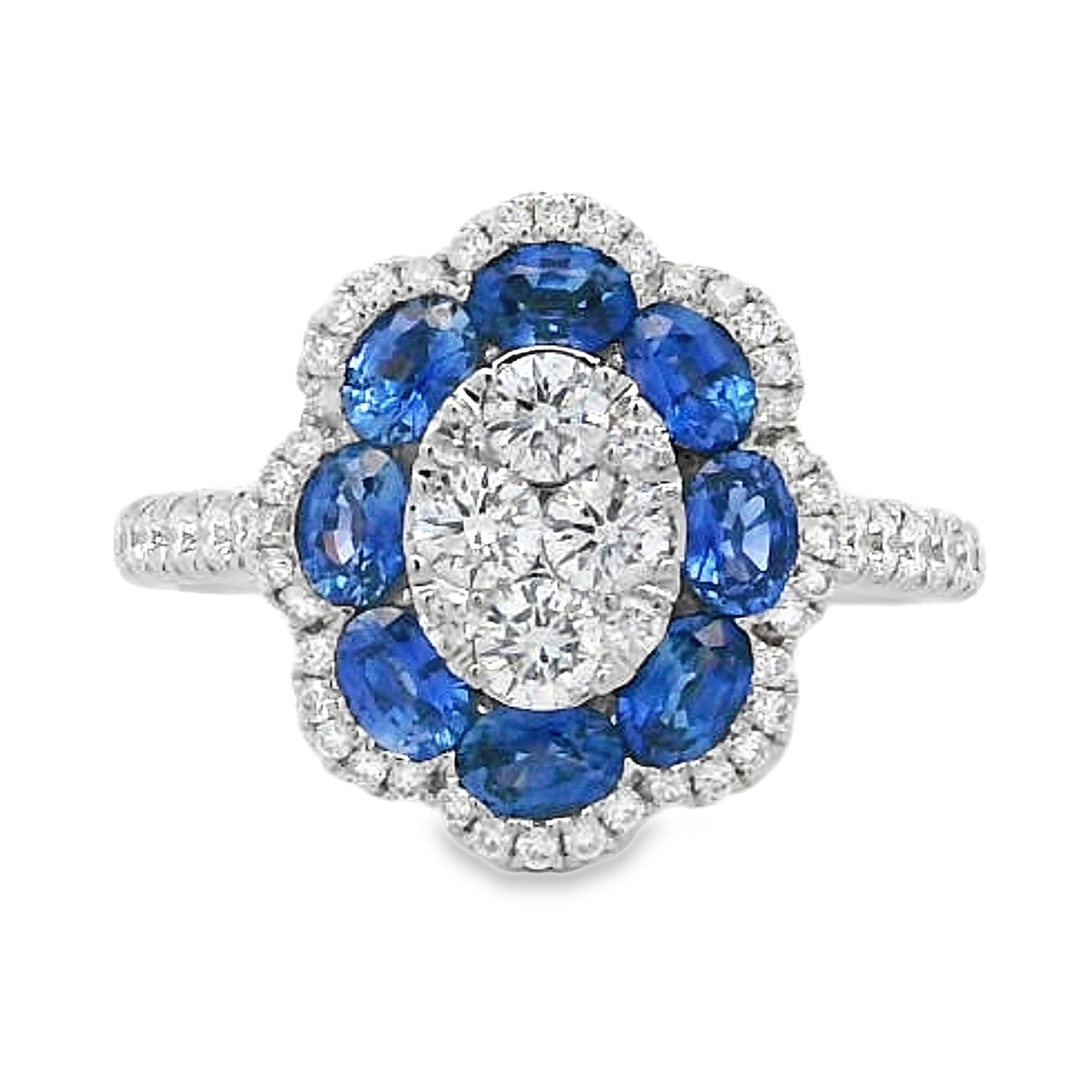 18K White Gold Sapphire & Diamond Flower Halo Cluster Ring