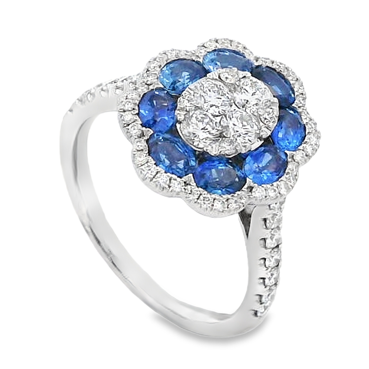 18K White Gold Sapphire & Diamond Flower Halo Cluster Ring