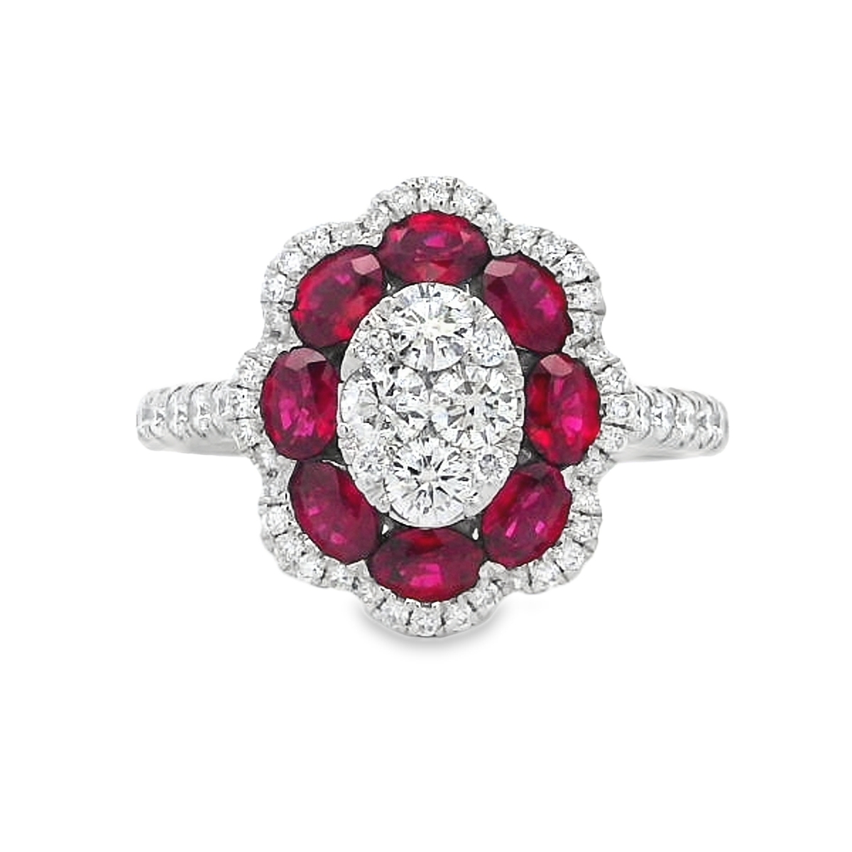 18K White Gold Ruby & Diamond Flower Halo Cluster Ring