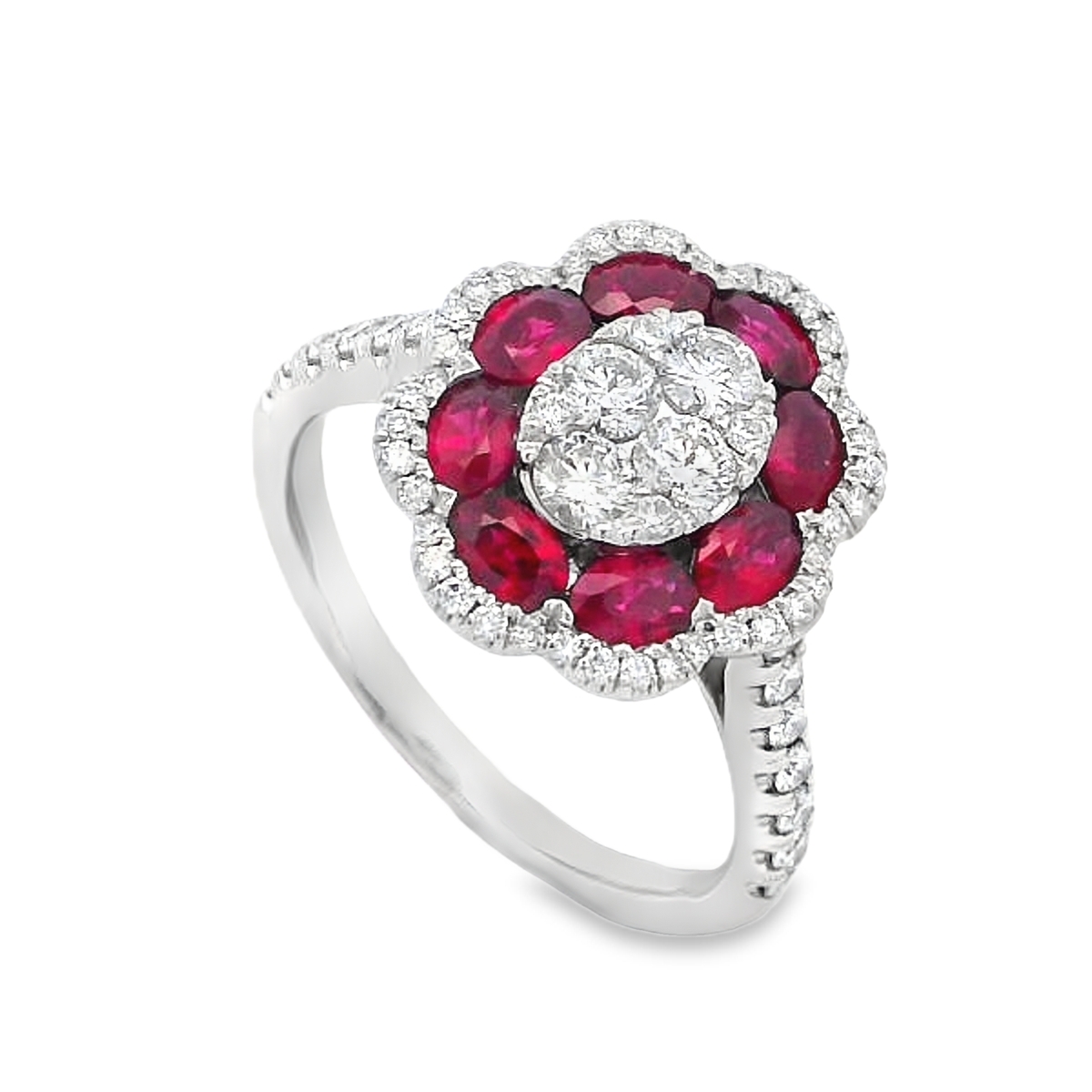 18K White Gold Ruby & Diamond Flower Halo Cluster Ring