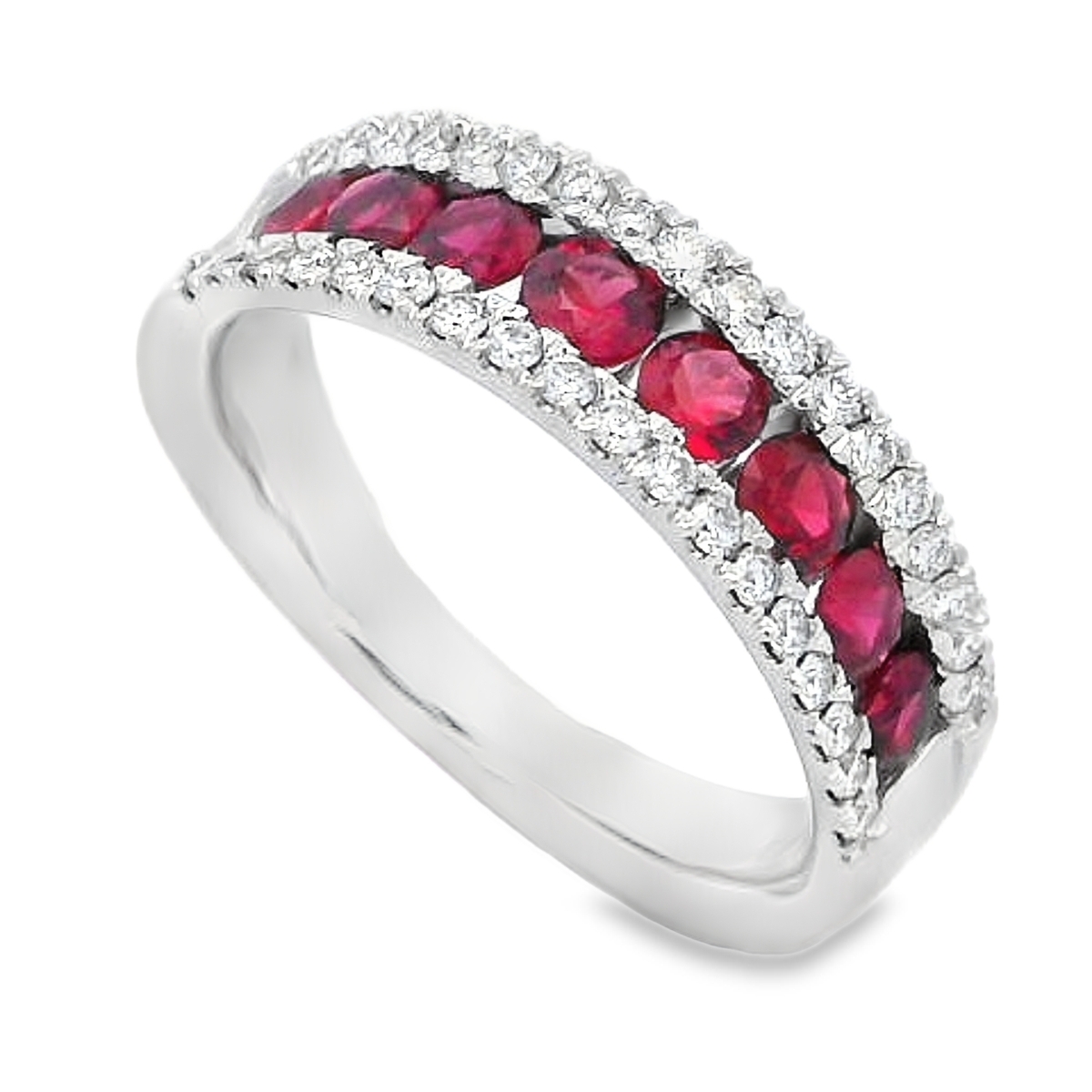 18K White Gold Ruby & Diamond Rows Band