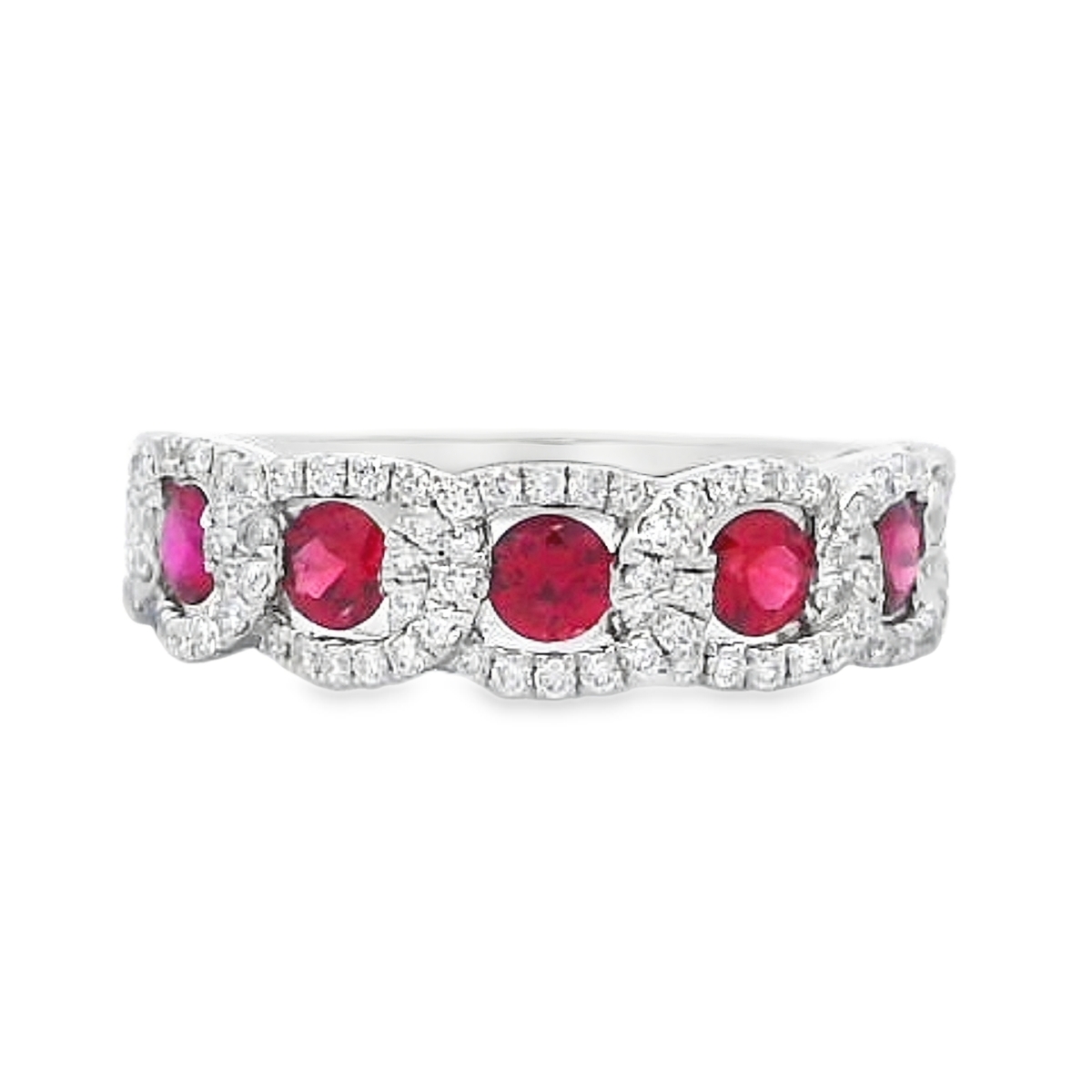 18K White Gold Ruby and Diamond Chain Halo Ring