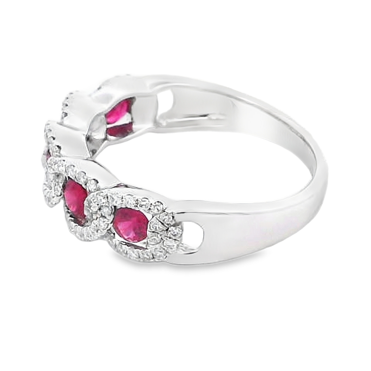 18K White Gold Ruby and Diamond Chain Halo Ring