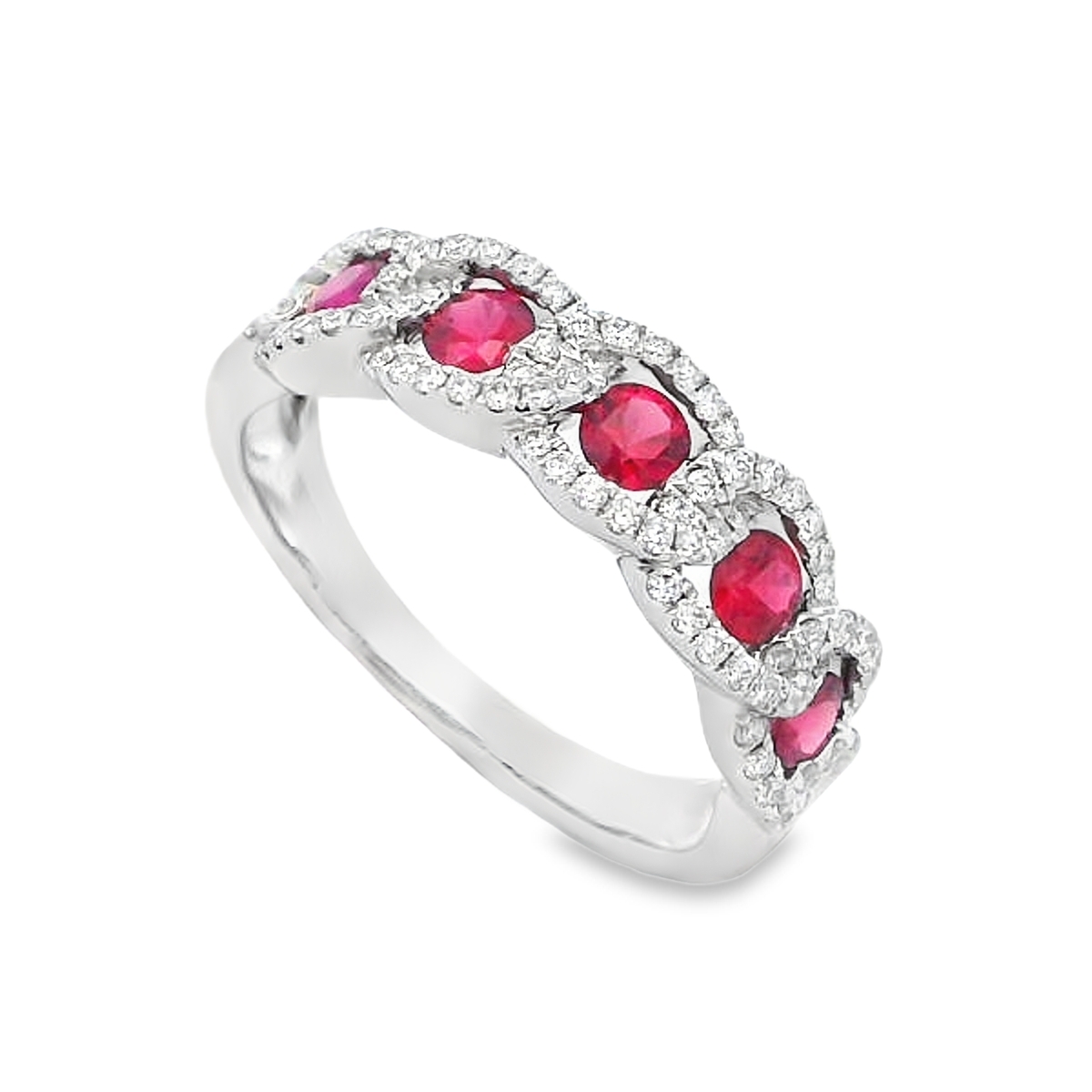 18K White Gold Ruby and Diamond Chain Halo Ring