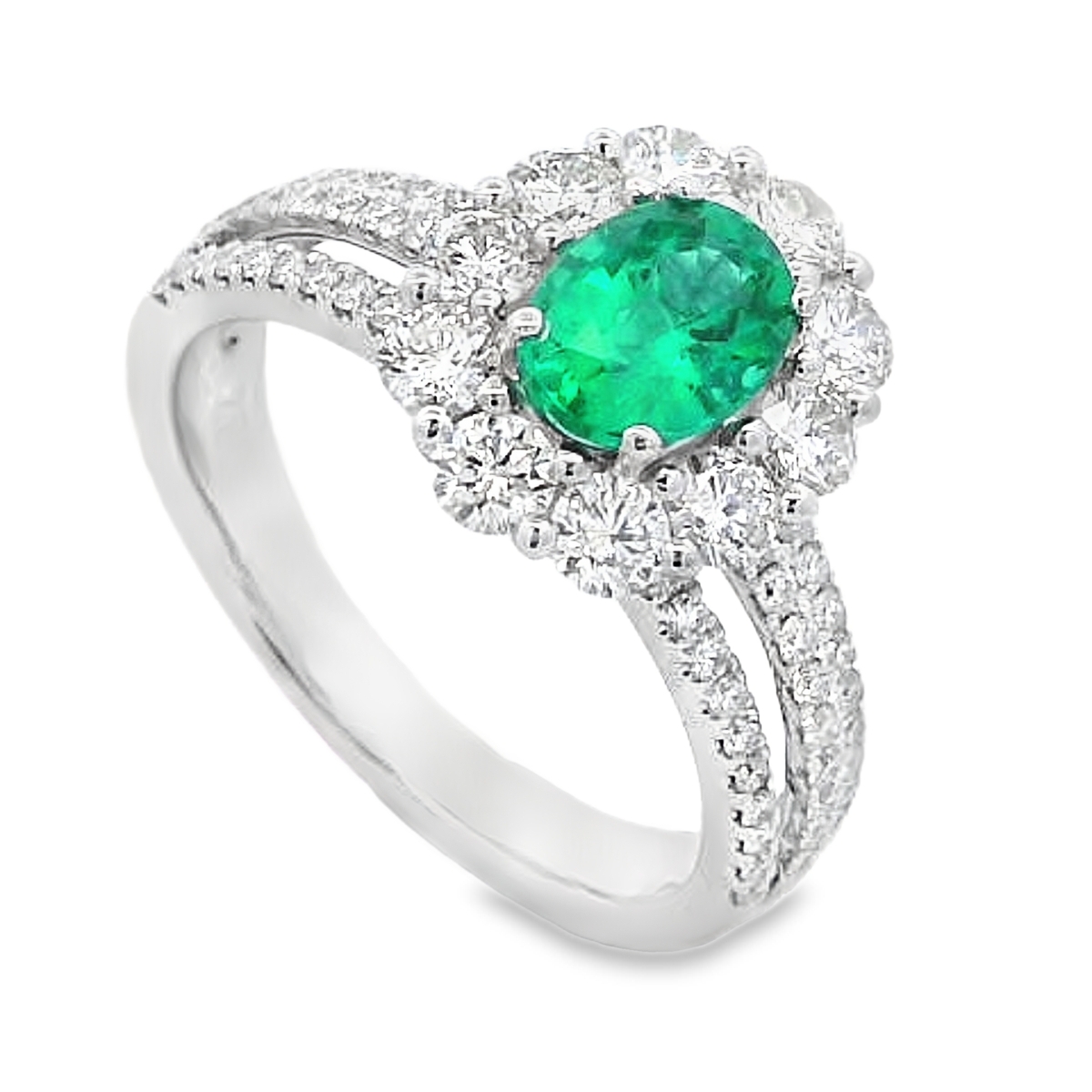 18K White Gold Emerald and Diamond Halo Ring