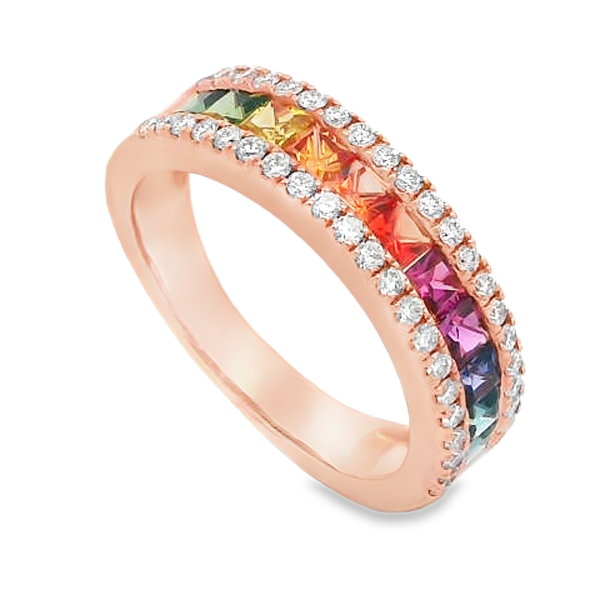 18K Rose Gold Princess-Cut Rainbow Sapphire & Diamond Ring