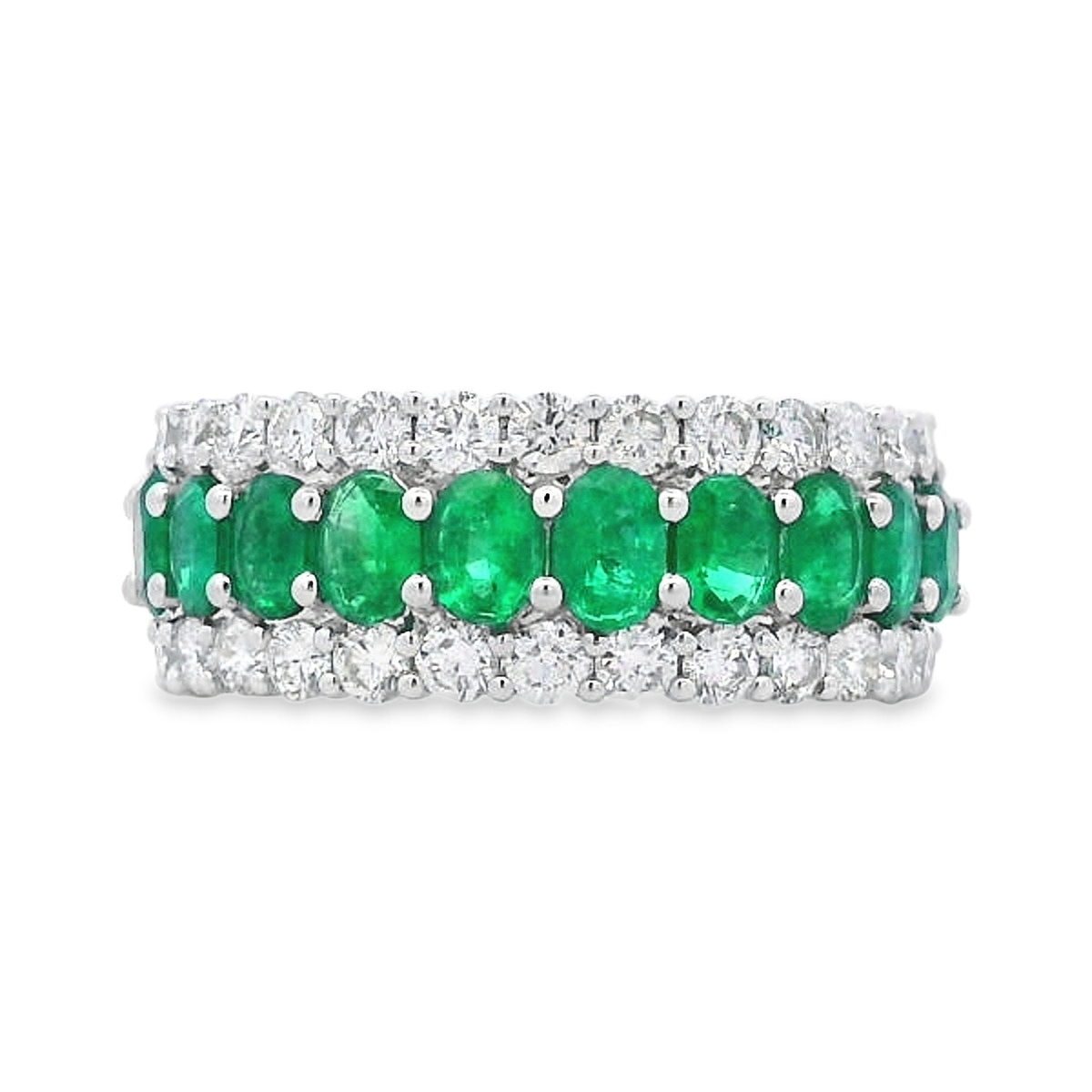 18K Yellow Gold Emerald and Diamond Wide Rows Ring