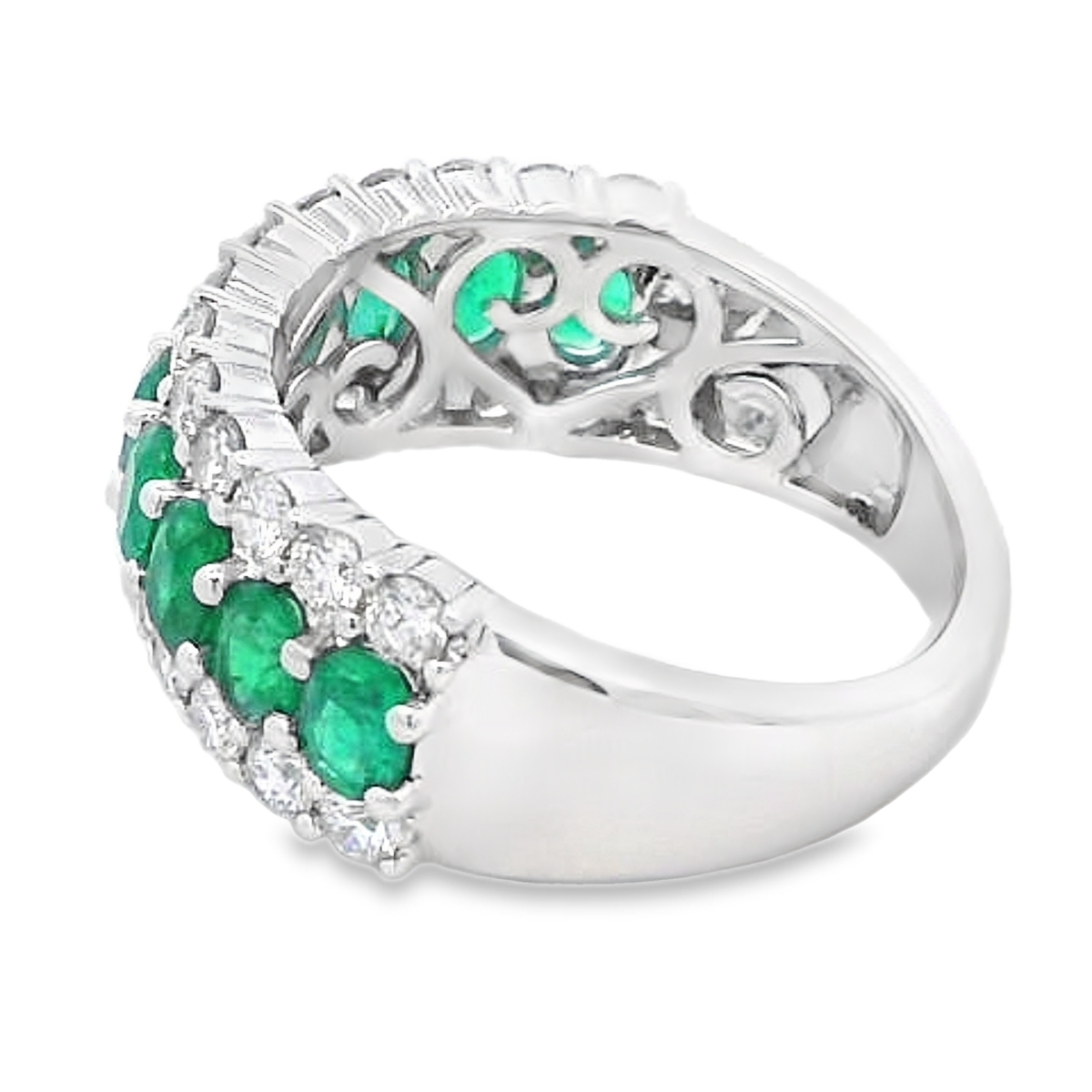 18K Yellow Gold Emerald and Diamond Wide Rows Ring