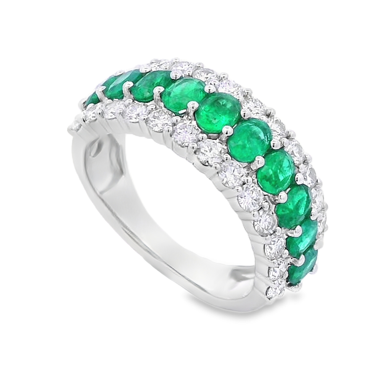 18K Yellow Gold Emerald and Diamond Wide Rows Ring