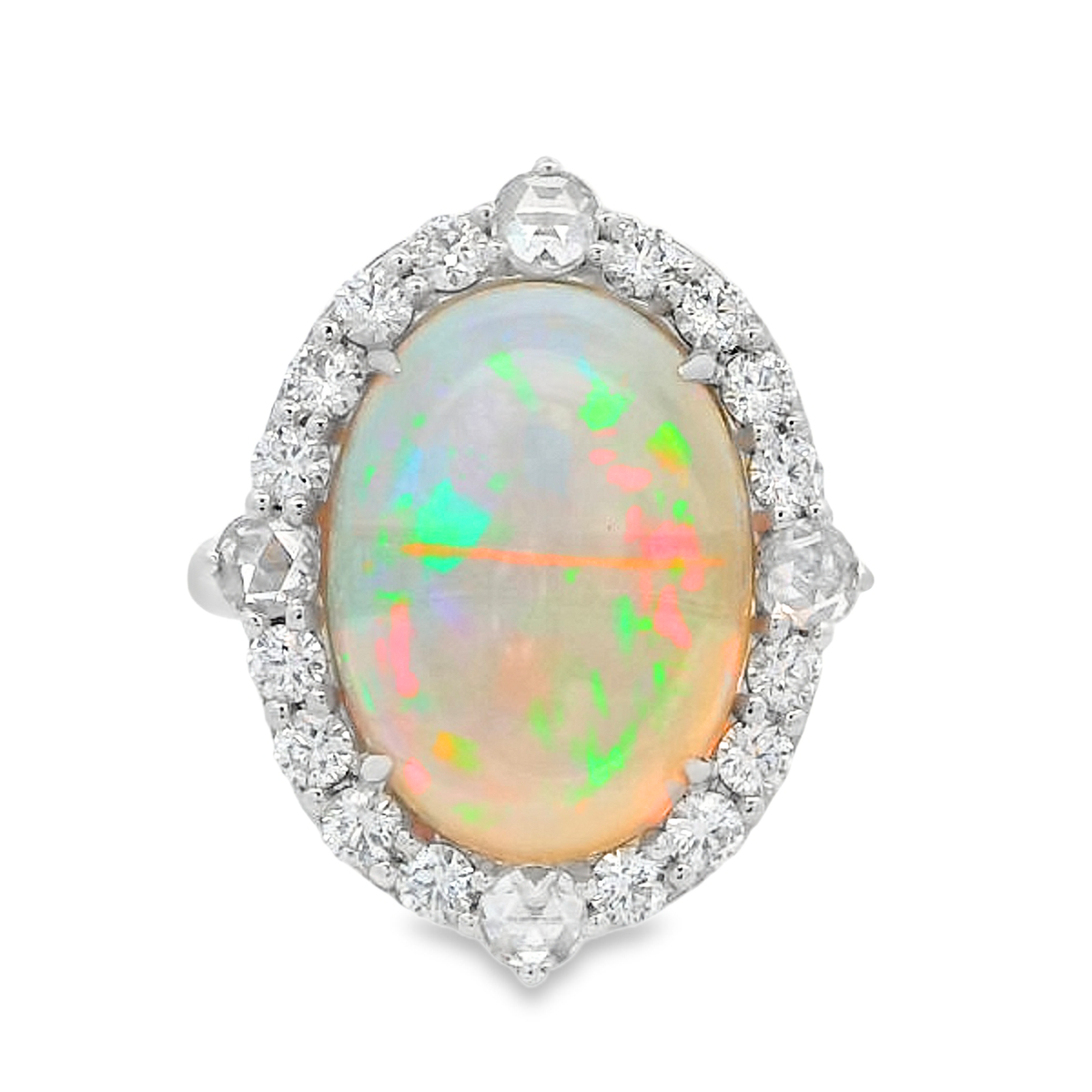 18K White Gold Opal and Diamond Burst Halo Ring
