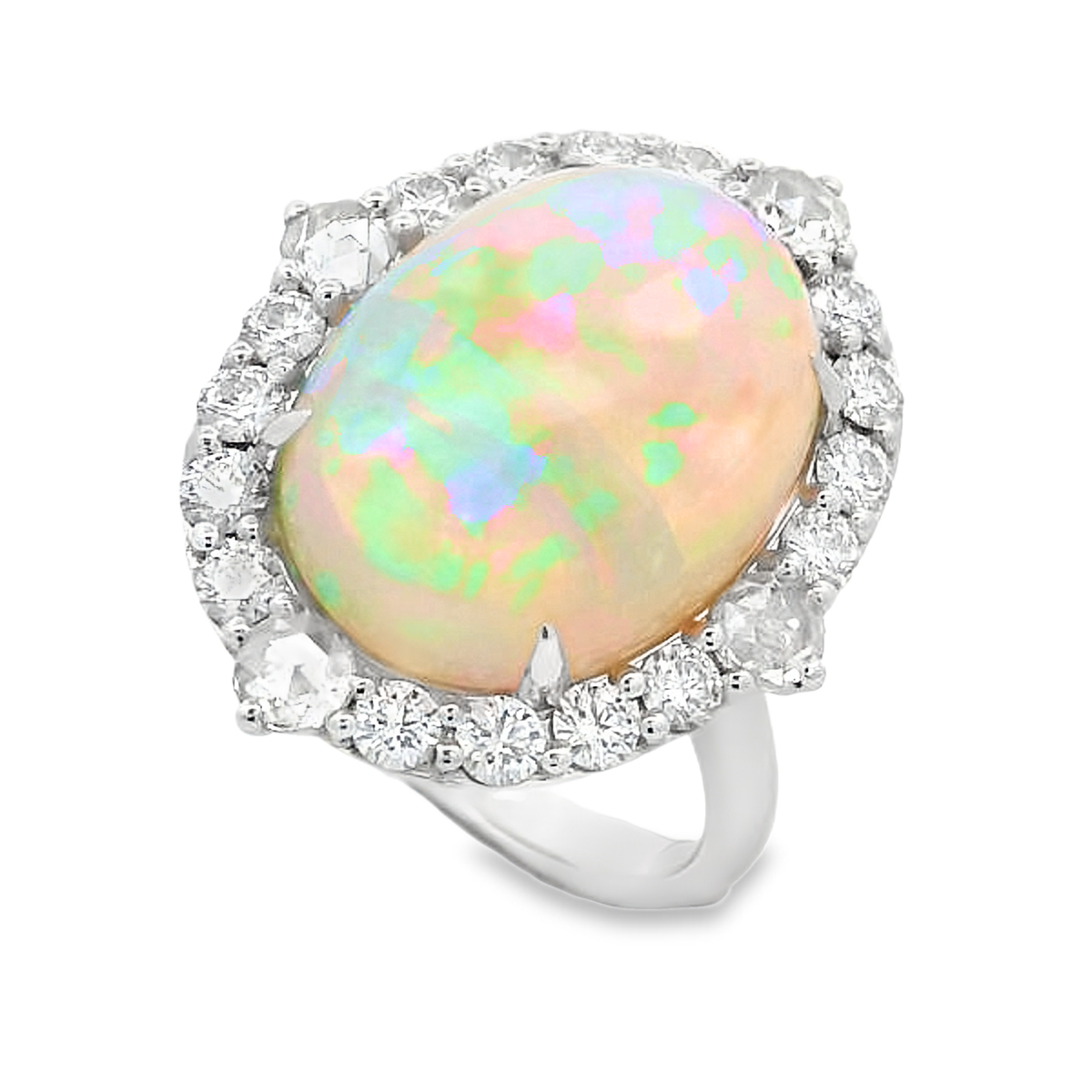 18K White Gold Opal and Diamond Burst Halo Ring
