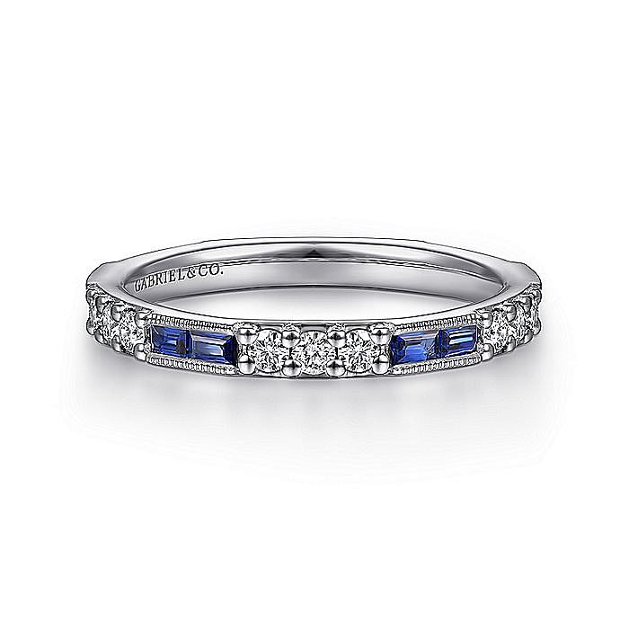 Gabriel & Co. 14K White Gold Anniversary Band with 8 Baguette Sapphires 0.39 Tcw & 15 Round Diamonds 0.38 Tcw H-I SI2