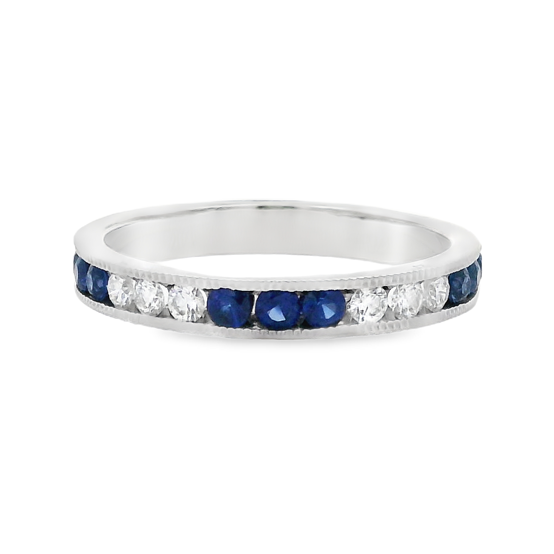 Roman Jewelers Signature 14K White Gold Sapphire & Diamond Milgrain Ring