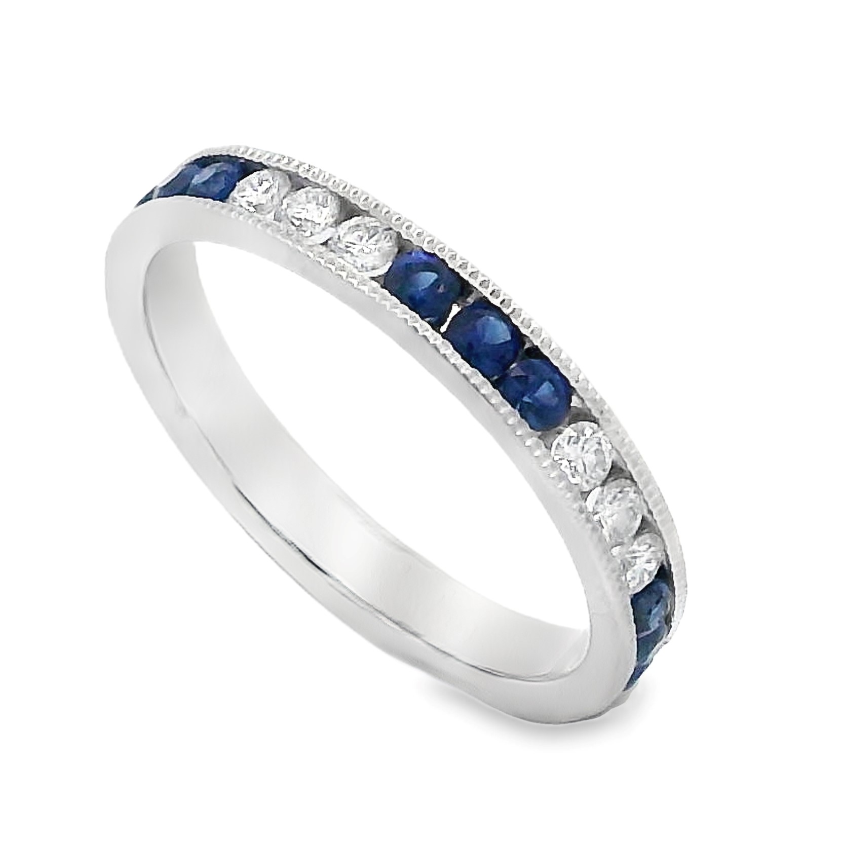 Roman Jewelers Signature 14K White Gold Sapphire & Diamond Milgrain Ring