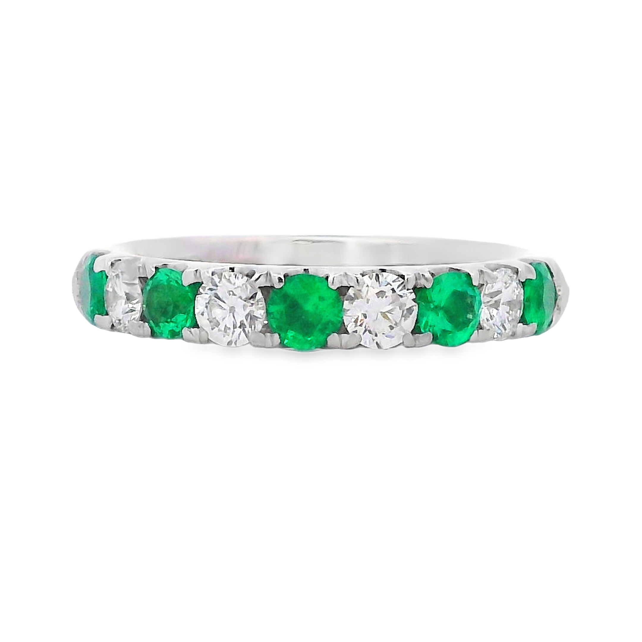 18K White Gold Alternating Emerald and Diamond Ring