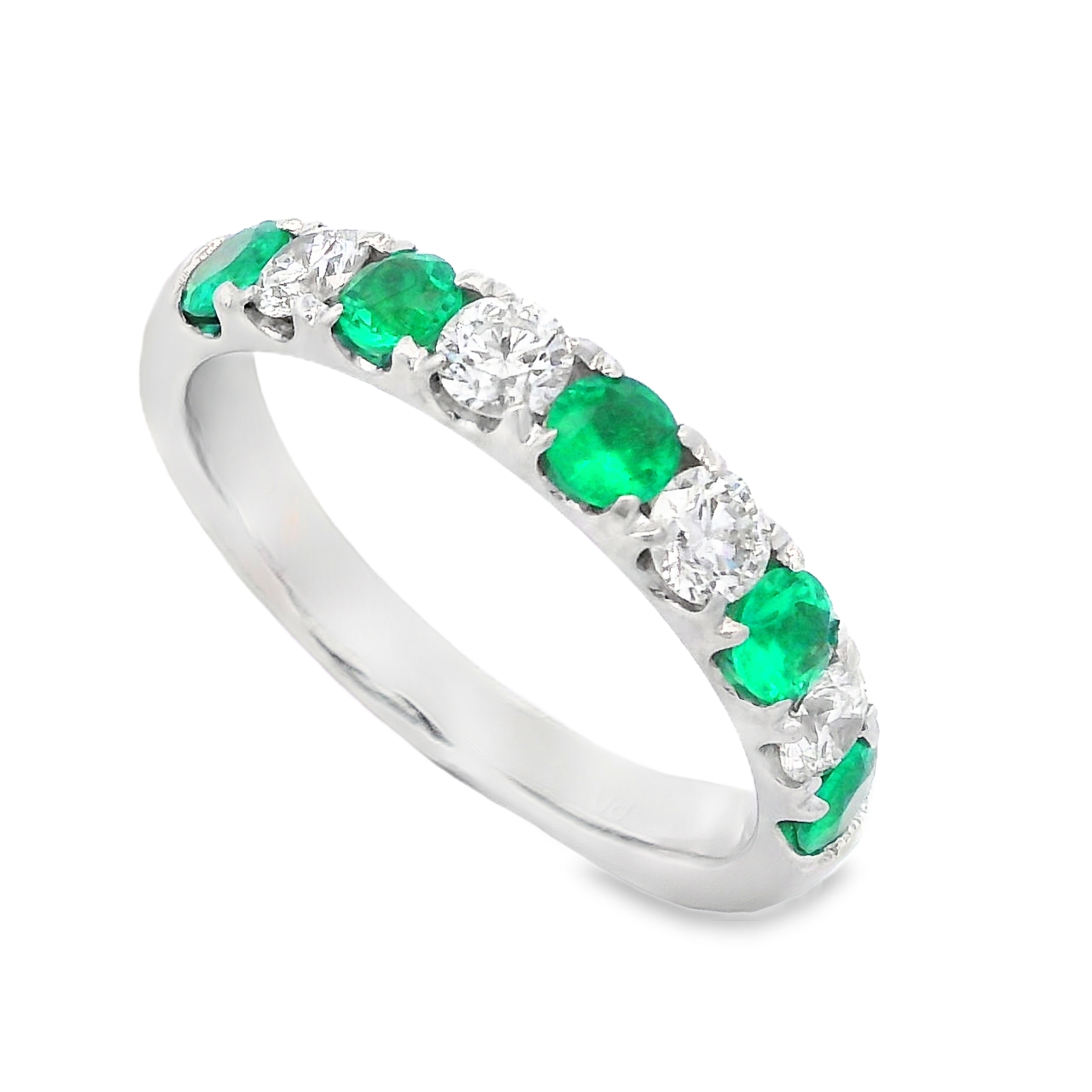 18K White Gold Alternating Emerald and Diamond Ring