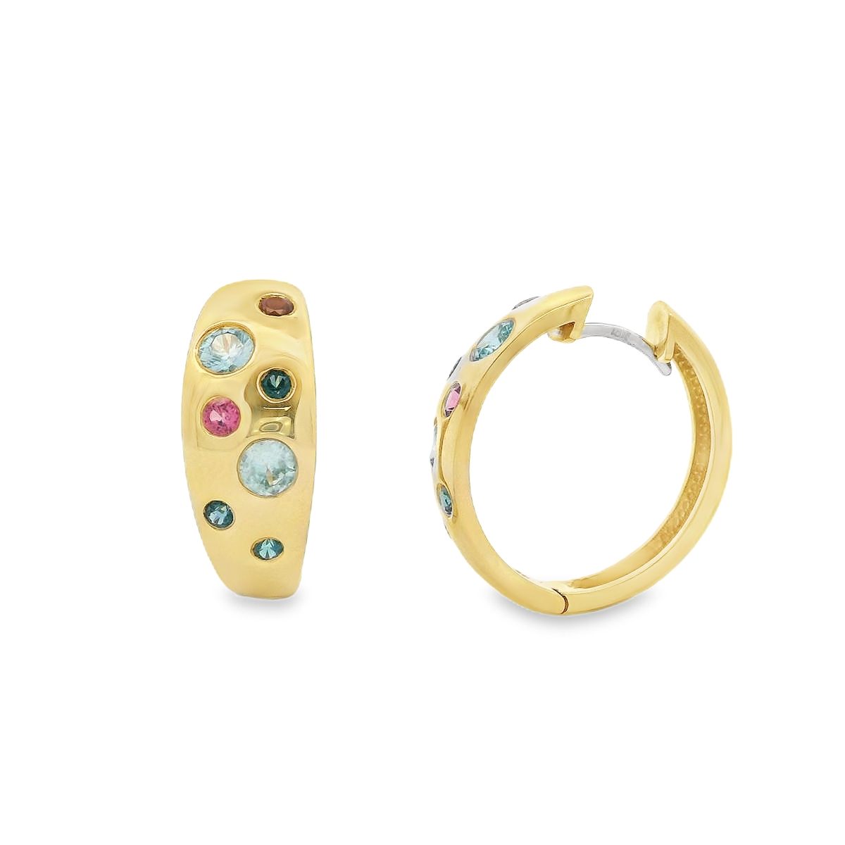 Lauren K 18K Yellow Gold Blue Zircon, Blue Spinel, and Pink Spinel Confetti Hoops