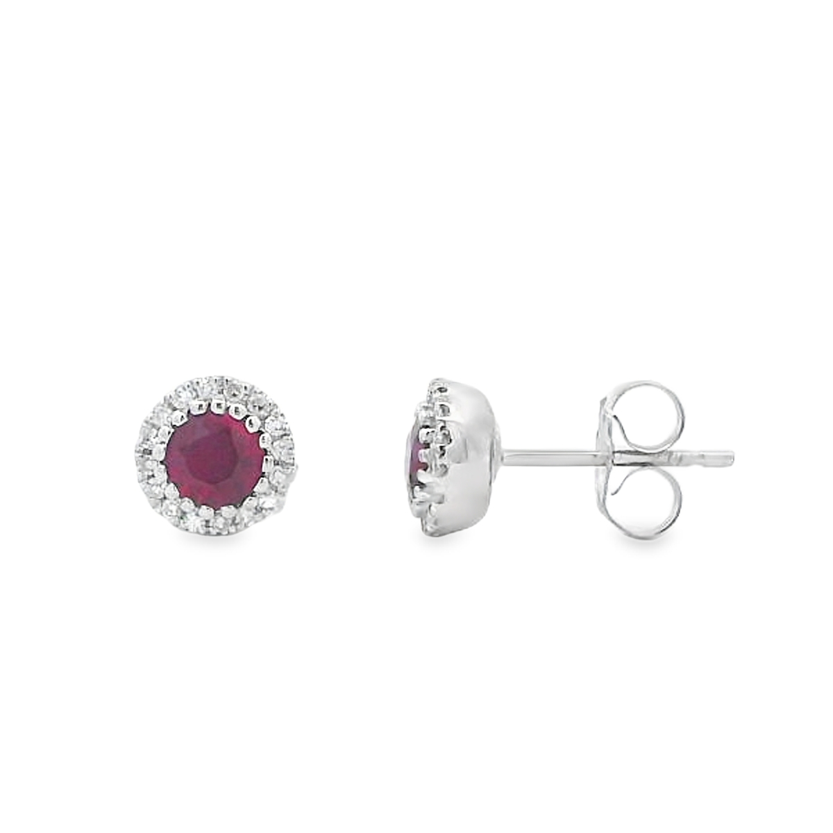 14K White Gold Ruby & Diamond Halo Studs