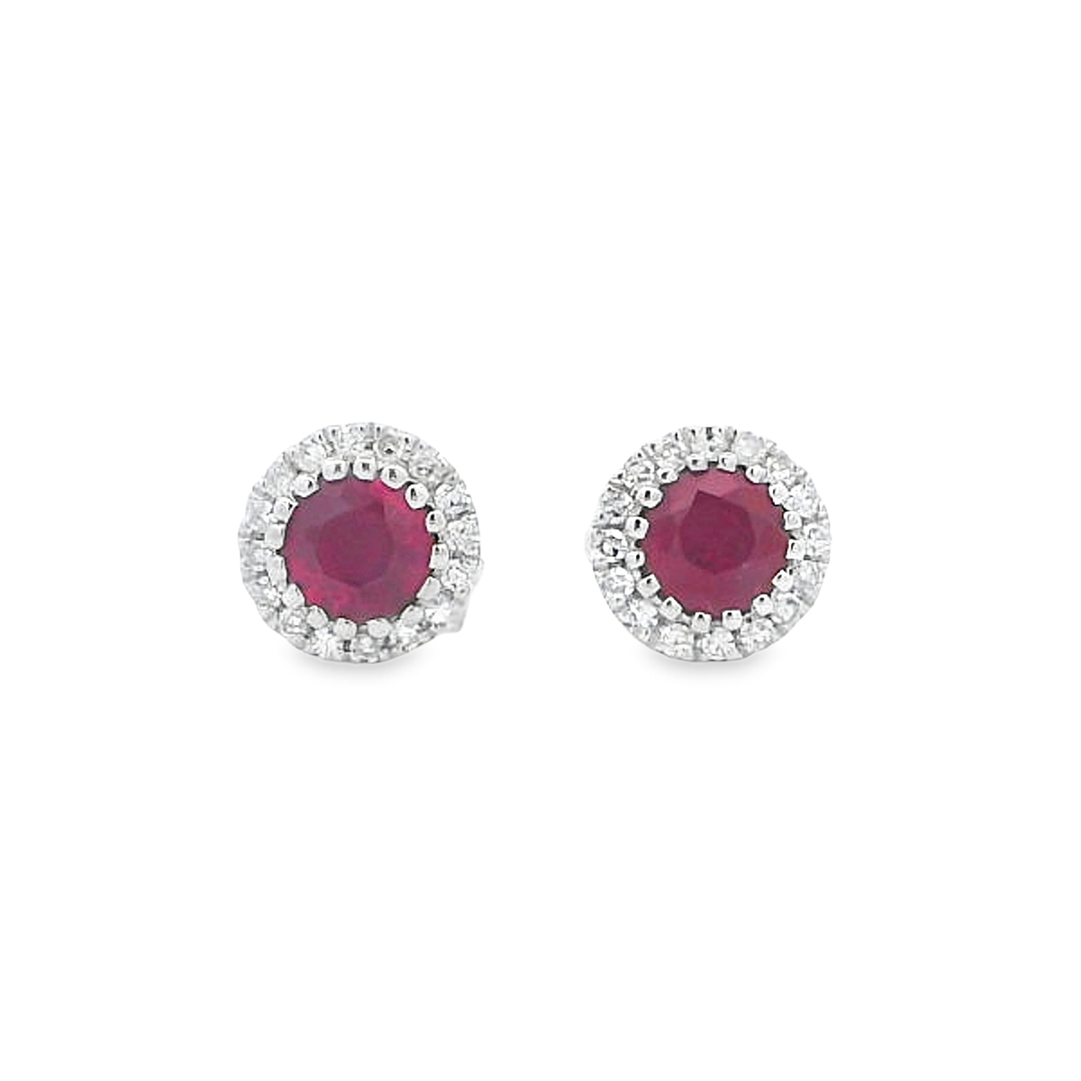 14K White Gold Ruby & Diamond Halo Studs