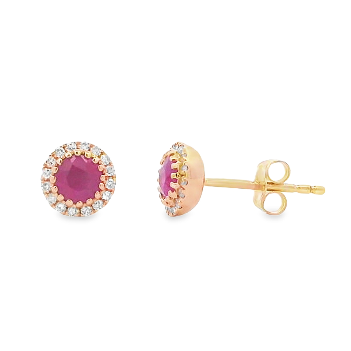 14K YellowGold Ruby & Diamond Halo Studs