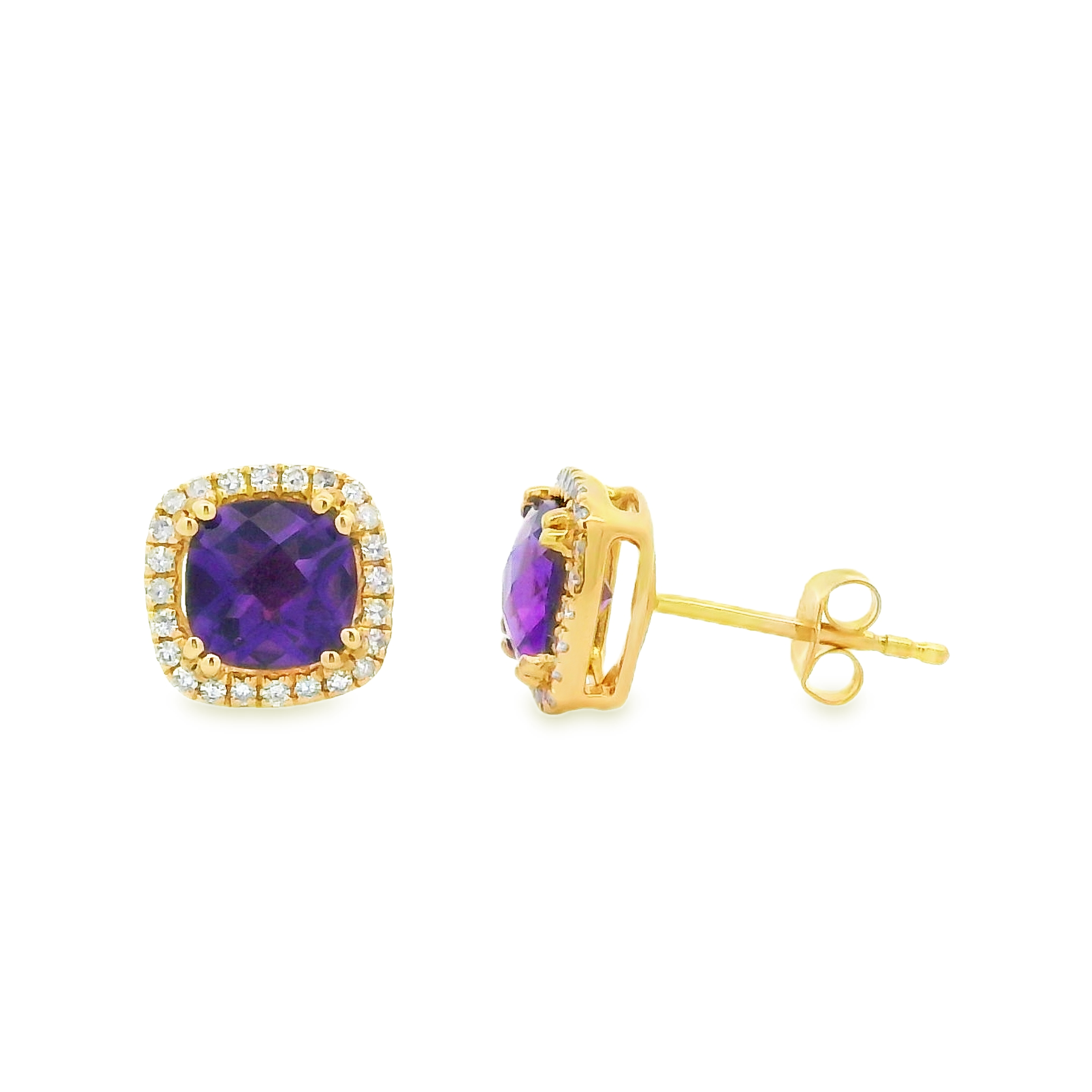 14K Yellow Gold Amethyst Diamond Halo Studs