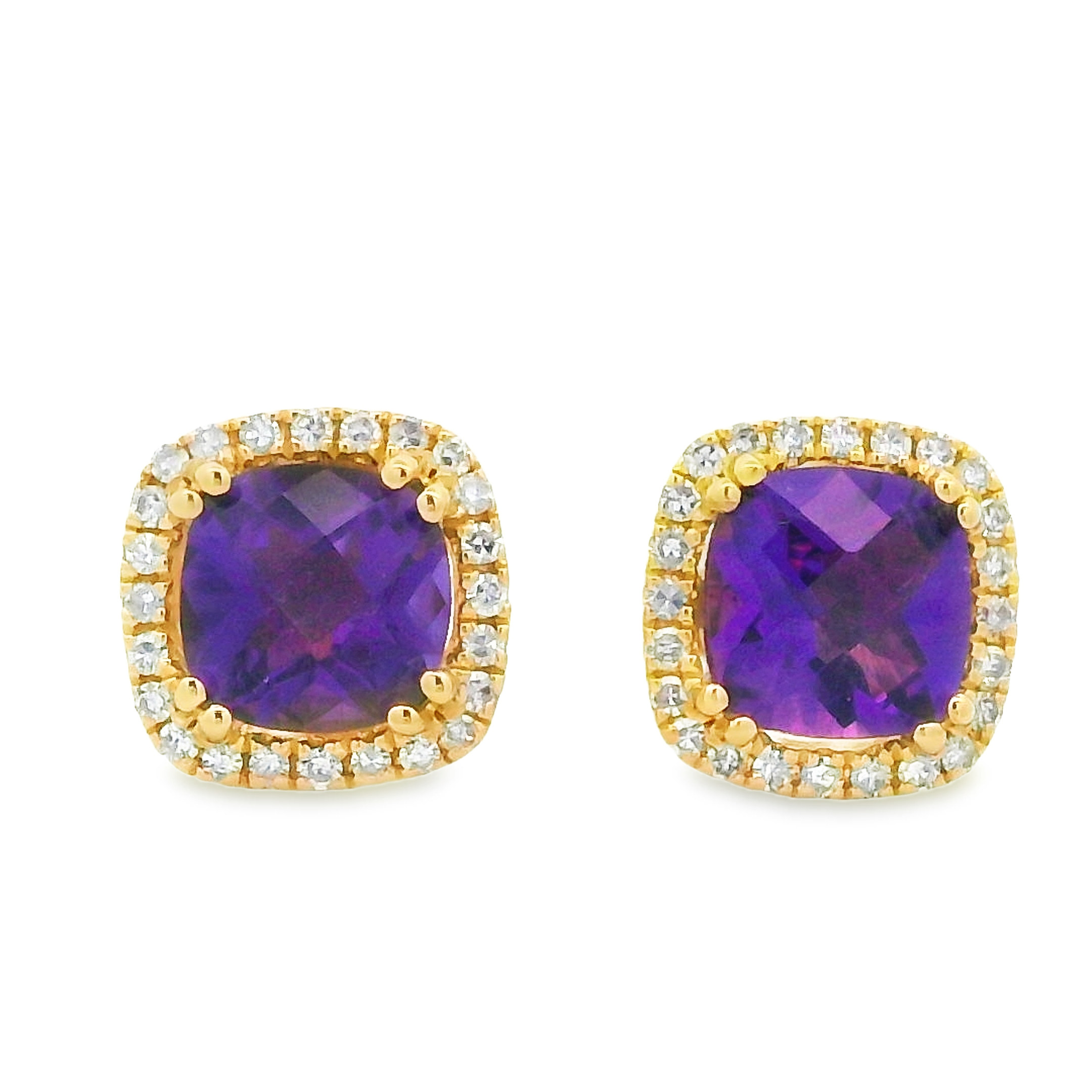 14K Yellow Gold Amethyst Diamond Halo Studs
