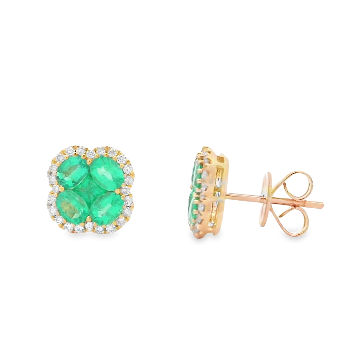 14K Yellow Gold Emerald & Diamond Clover Stud