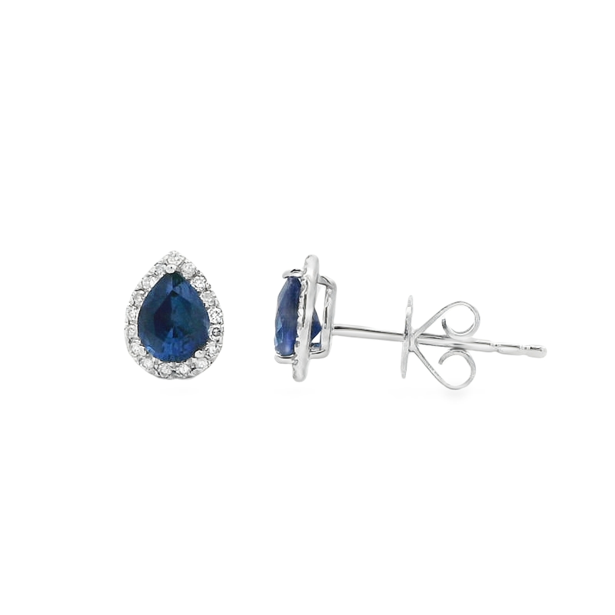 14K White Gold Pear Sapphire Diamond Halo Studs