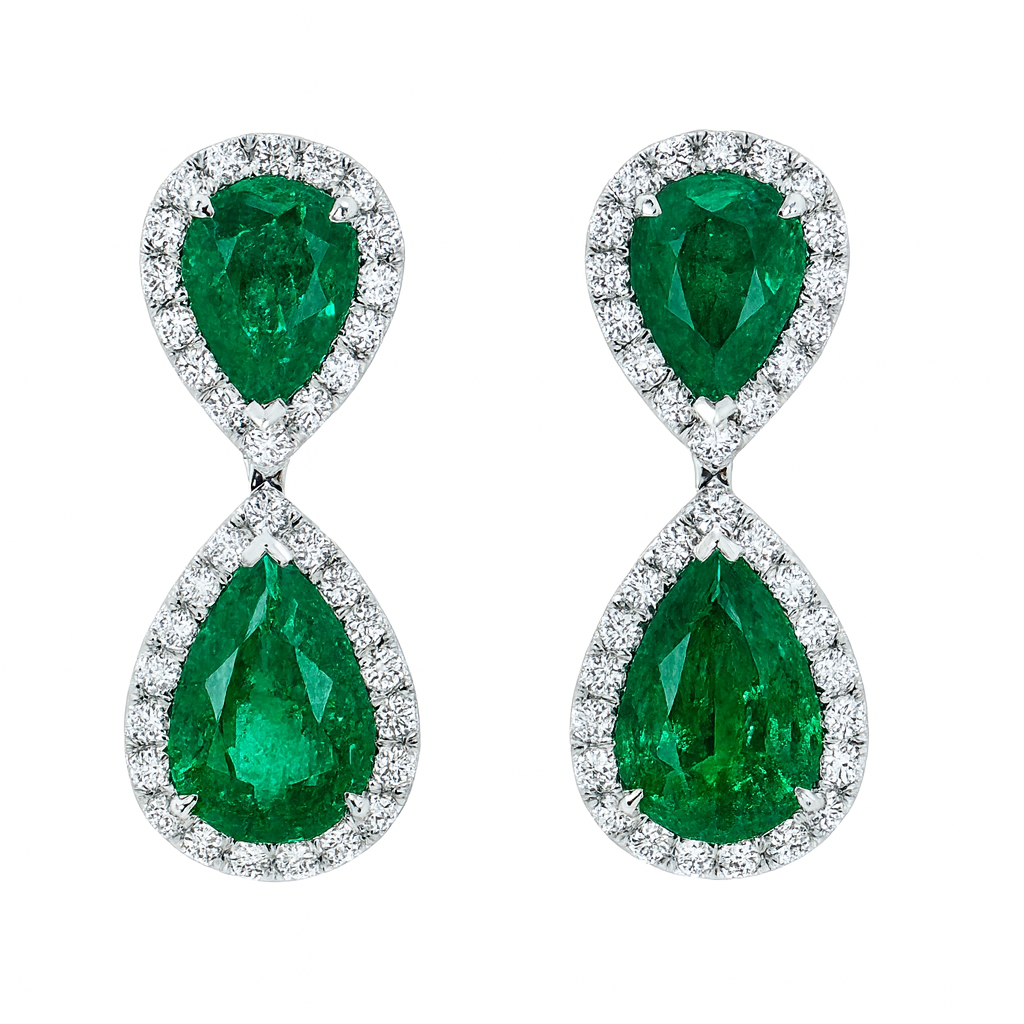 18K White Gold Emerald Pear Dangle Earrings