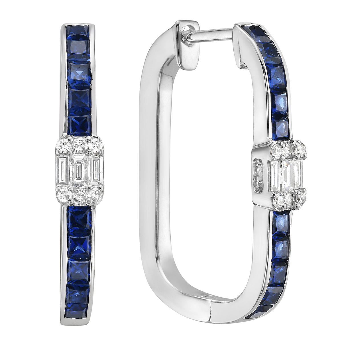 14K White Gold Blue Sapphire and Diamond Straight Oval Hoops