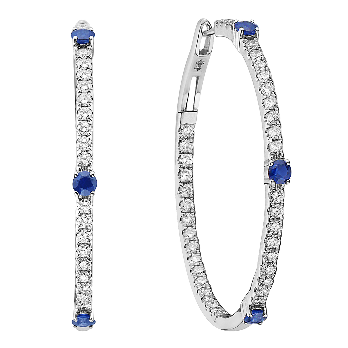 14K White Gold Sapphire Accent Diamond Hoops