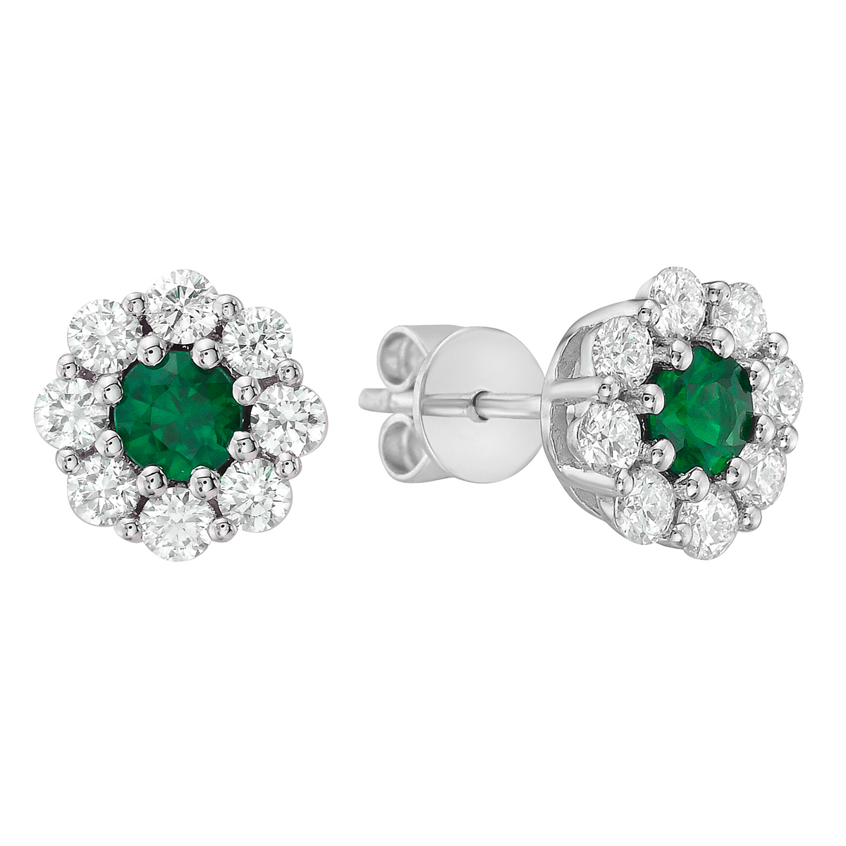 14K White Gold Emerald and Diamond Halo Cluster Studs