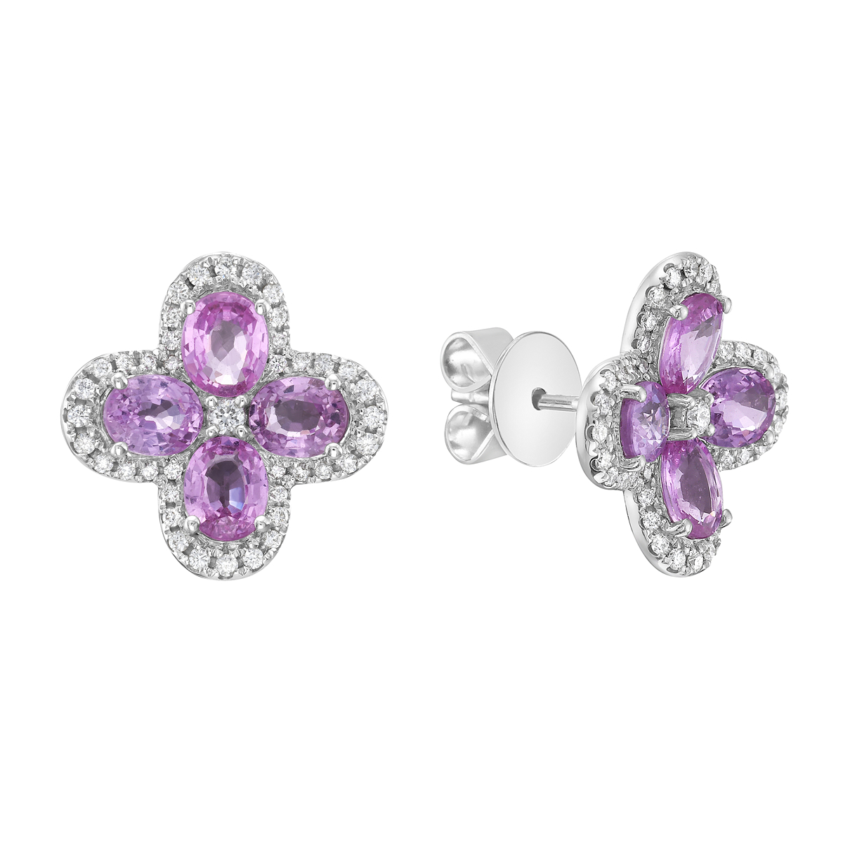 18K White Gold Pink Sapphire & Diamond Flower Studs