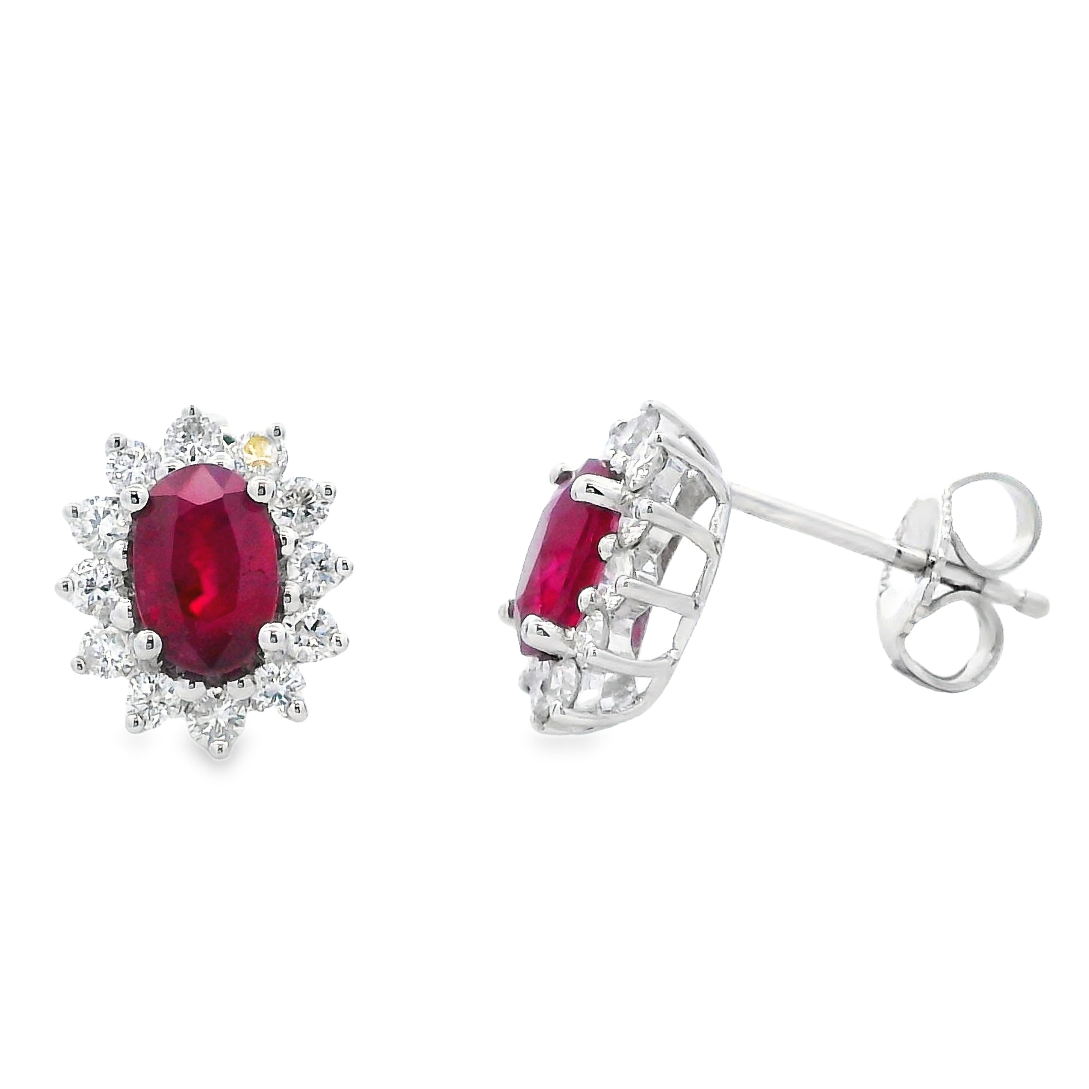 14K White Gold Oval Ruby & Diamond Burst Halo Studs